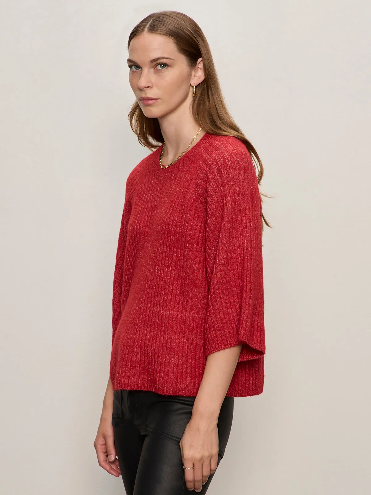Brushed Interior DoubleLayered Neckline Ribbed Sweater Tee Cherry Lacquer