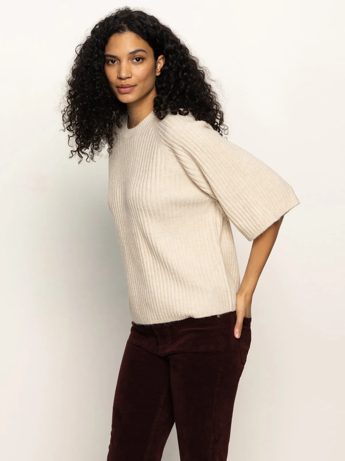 Sustainable Production Methods Ultrasoft Inner Lining Ribbed Sweater Tee Mother Of Pearl
