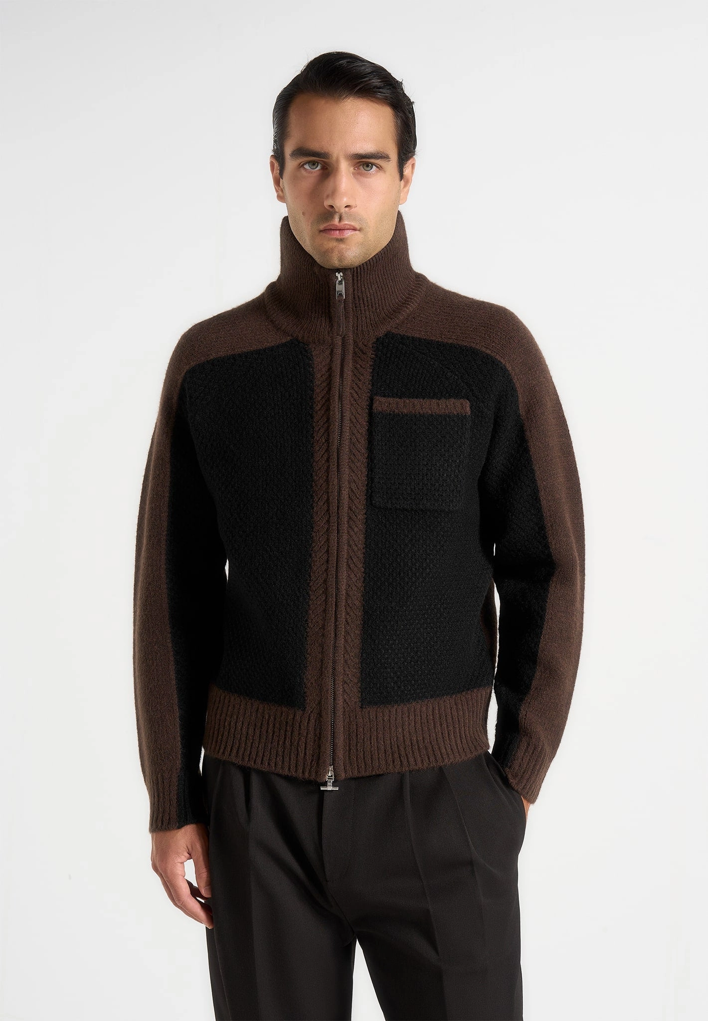 Ren?? - Colour Block Zip Through Cardigan - Black/Brown Layered Weight Distribution Guide