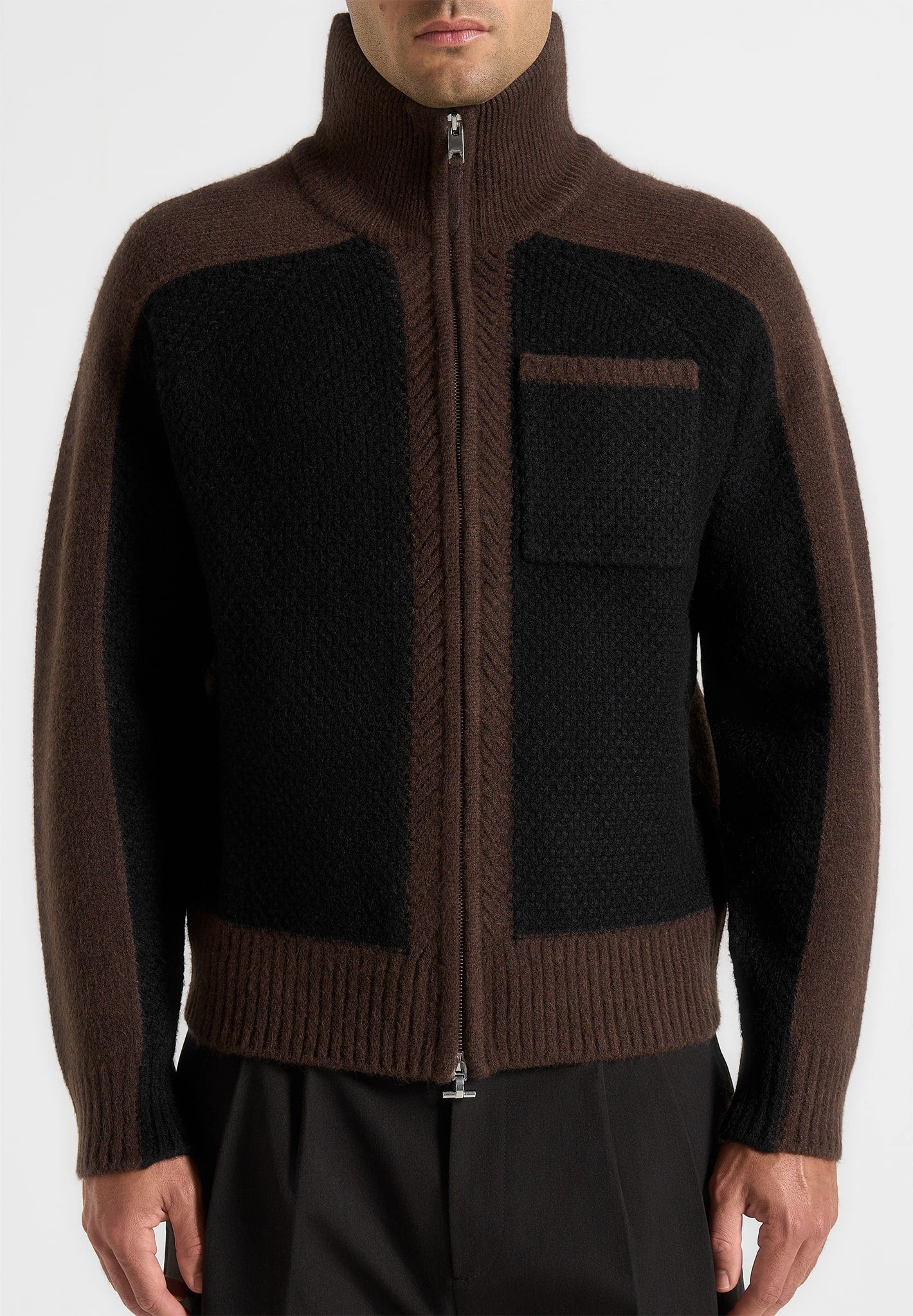 Ren?? - Colour Block Zip Through Cardigan - Black/Brown Cozy Weekend