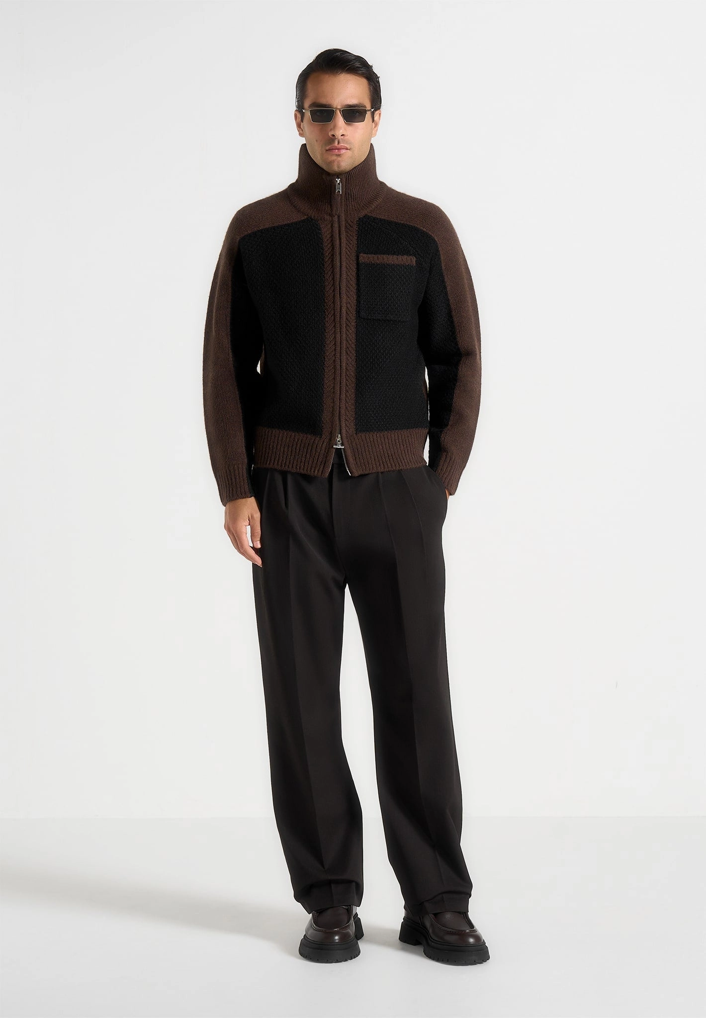 Soft Layer Ren?? - Colour Block Zip Through Cardigan - Black/Brown