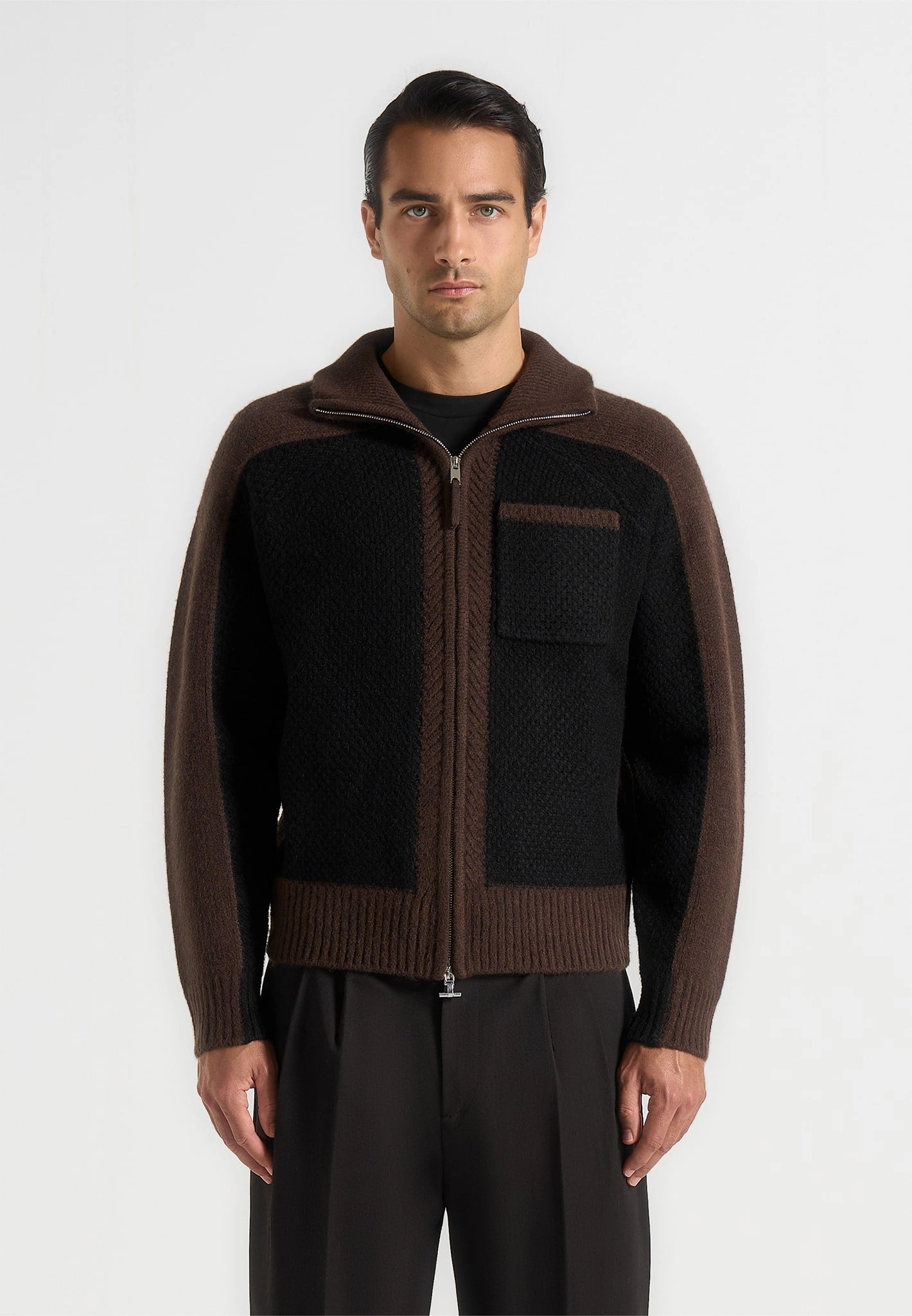 NonRestrictive Fit Ren?? - Colour Block Zip Through Cardigan - Black/Brown