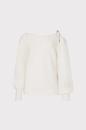 Ida Crystal Bow Cold Shoulder Sweater Balanced Stretch Structure Fall Outfit