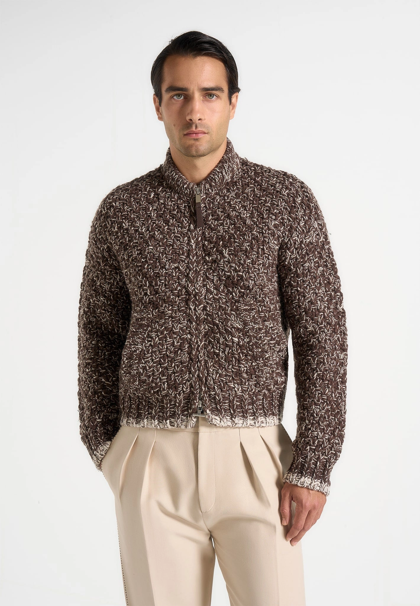 Wardrobe Must Friction Resistant Darel - Speckled Knit Bomber Jacket - Brown