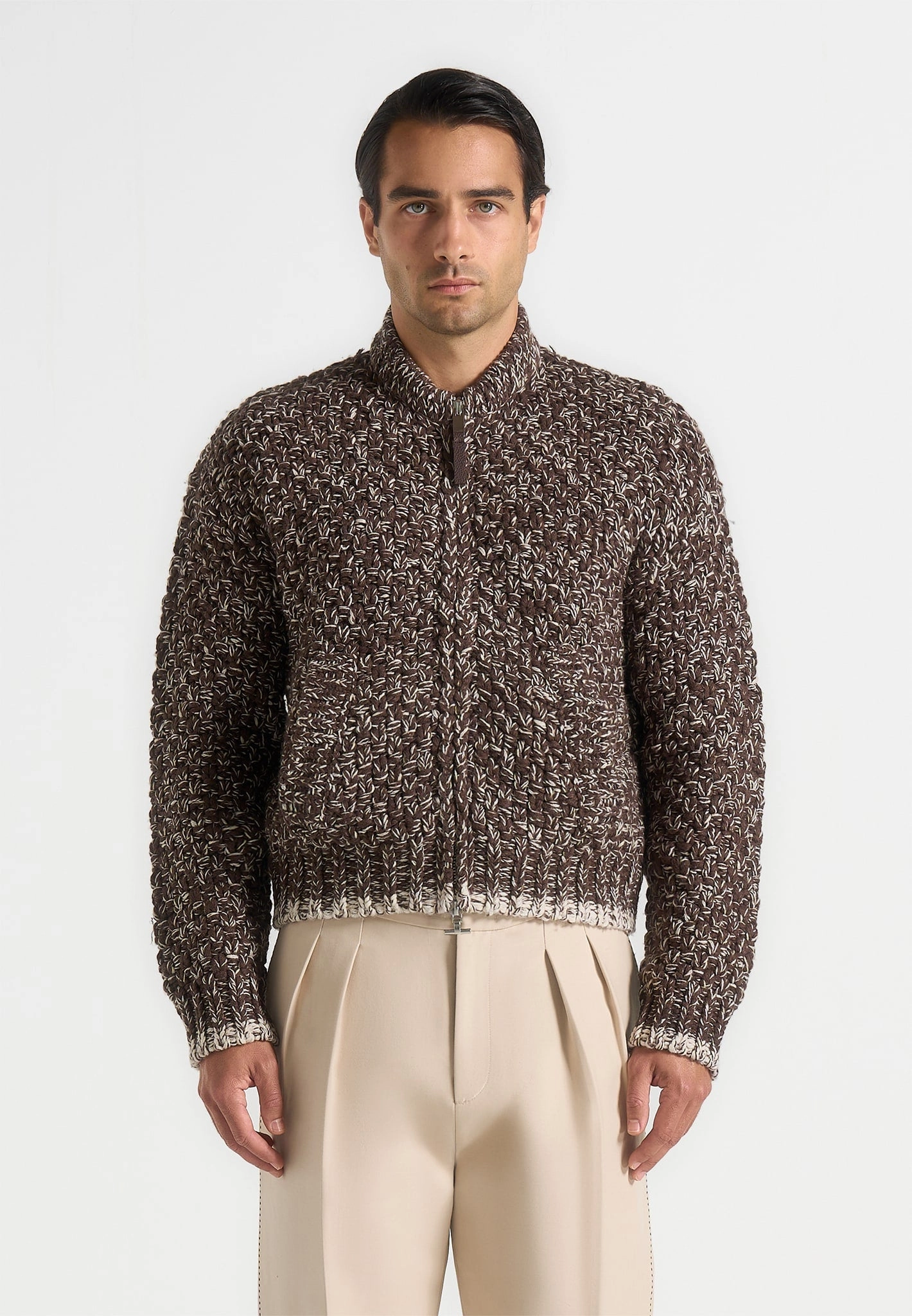 Darel - Speckled Knit Bomber Jacket - Brown Stretch Knit Backing HighElastic Recovery
