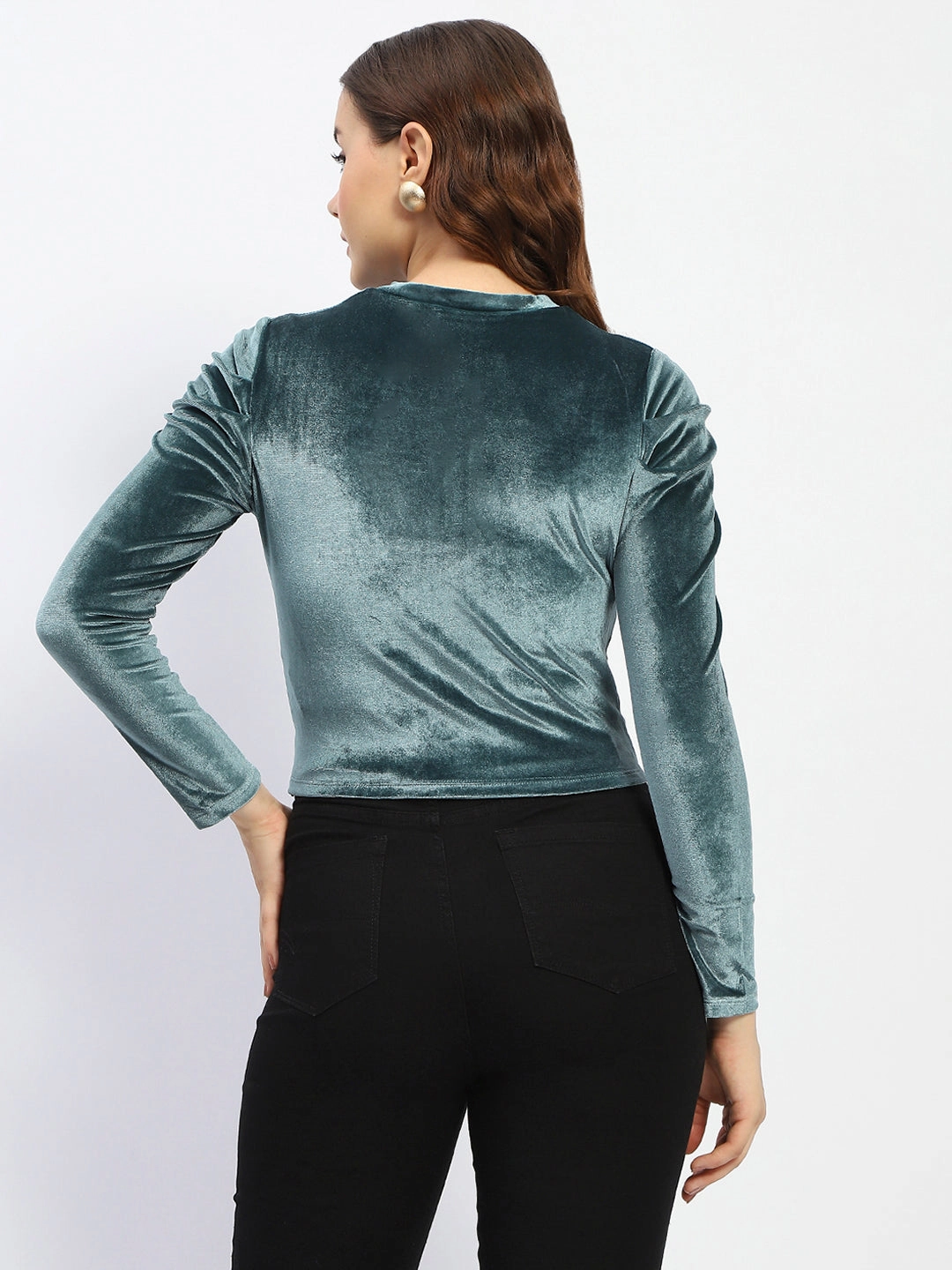 MinimalistSilhouette Tapered Side Panels Madame Wrap Detailed Puff Sleeve Teal Top