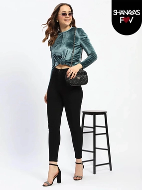 Madame Wrap Detailed Puff Sleeve Teal Top Softened Edges