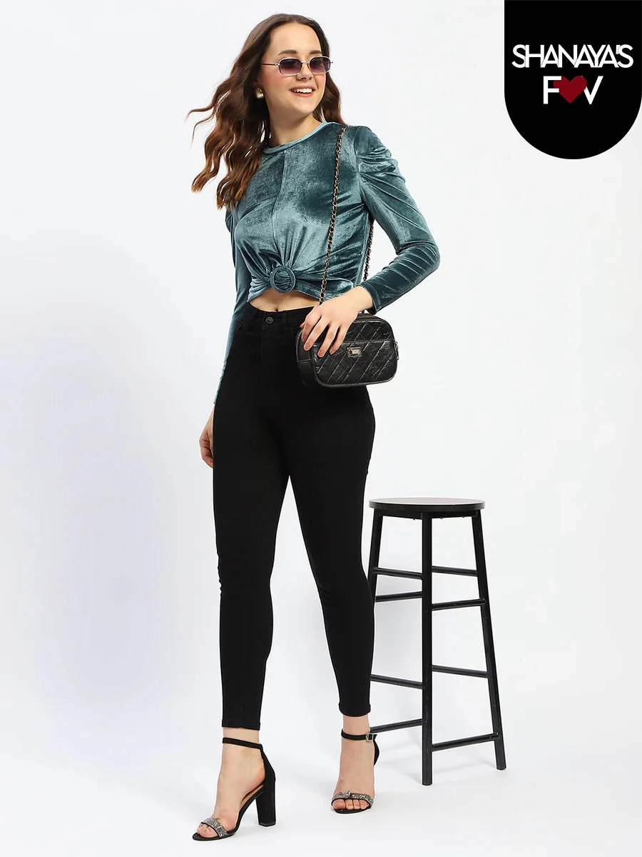 Madame Wrap Detailed Puff Sleeve Teal Top Softened Edges