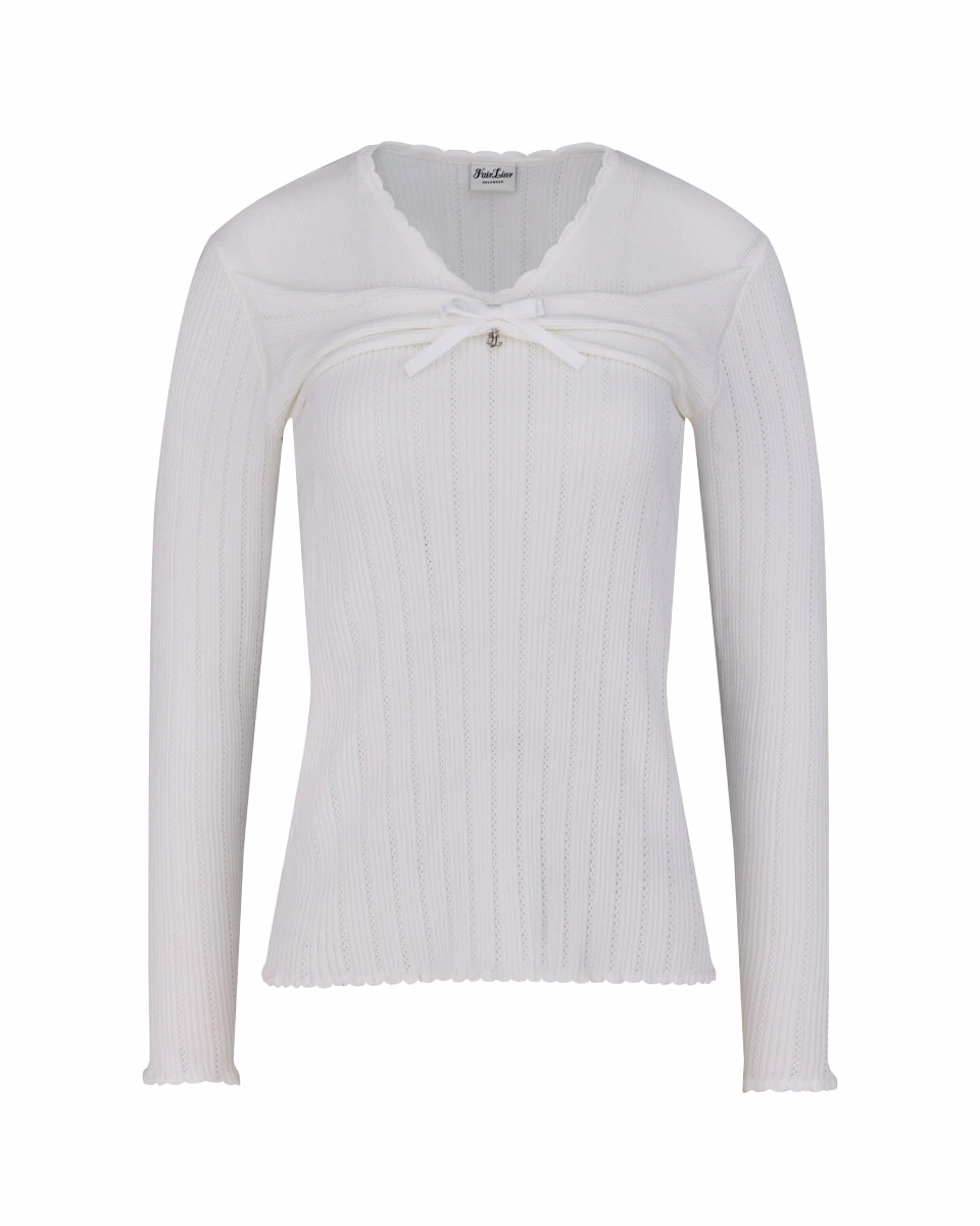Oversized Collar Relaxed Silhouette Ribbon shirring knit - White