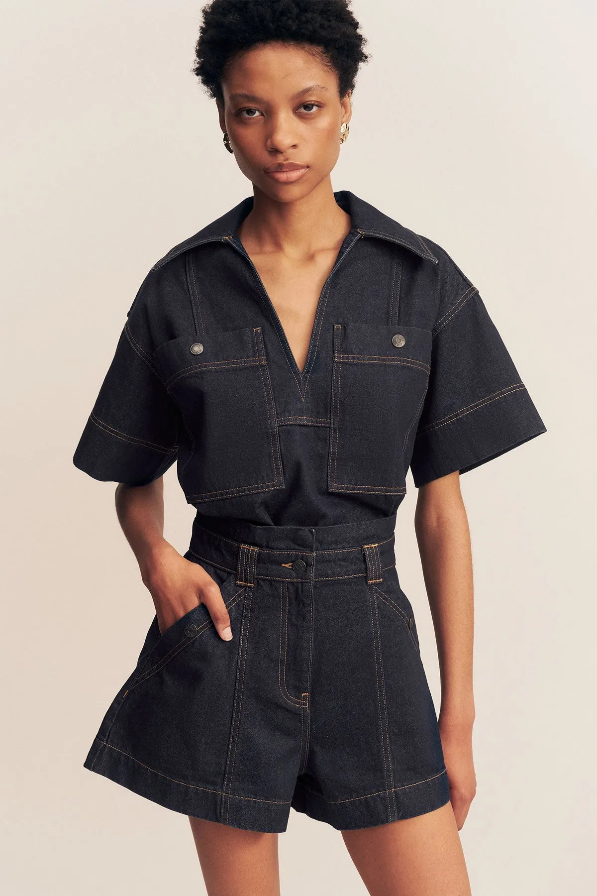 RITA HIGH WAISTED FLARED SHORT - DEEP INDIGO