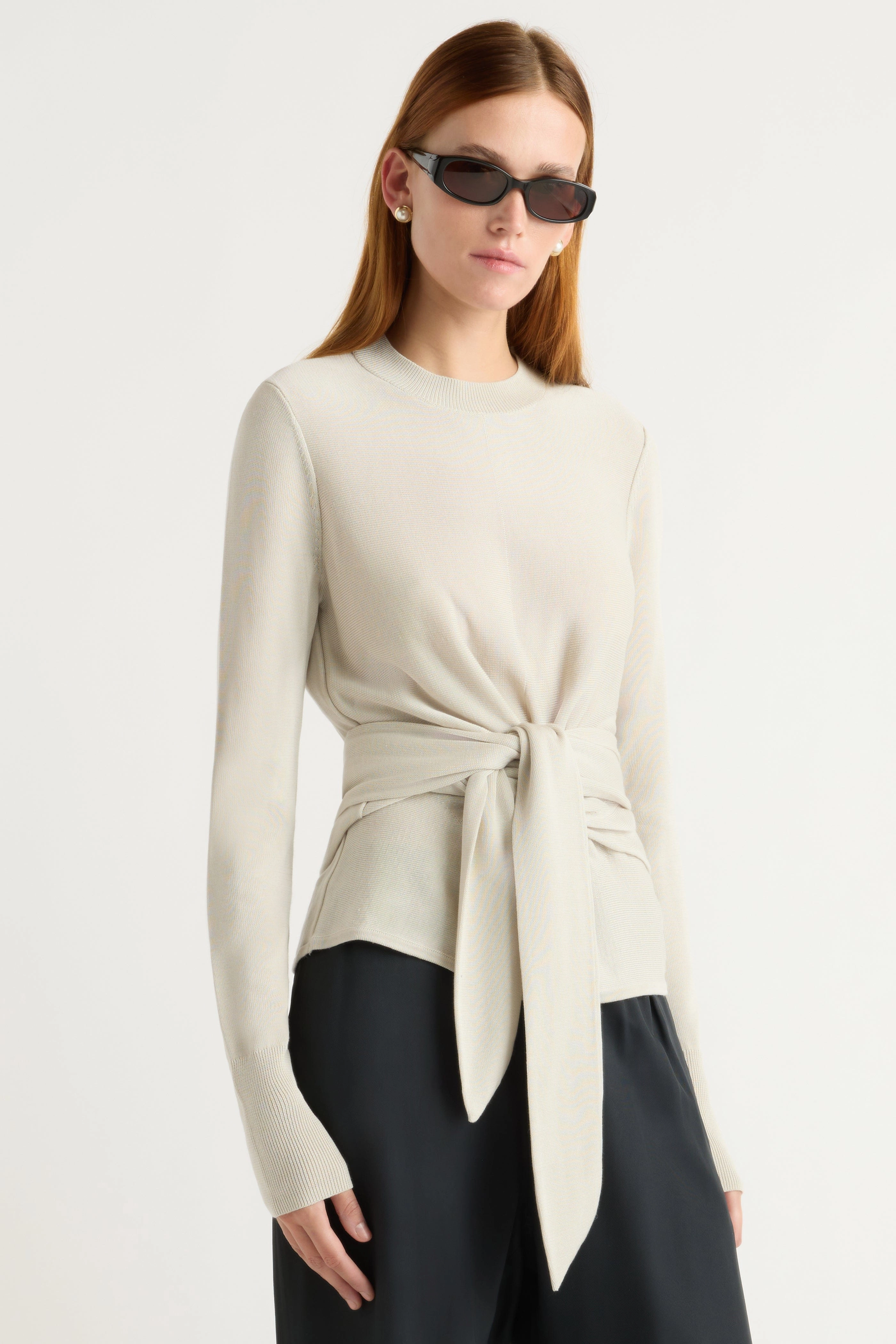 Robin Tie-Front Tencel-Wool Sweater Casual Fashion