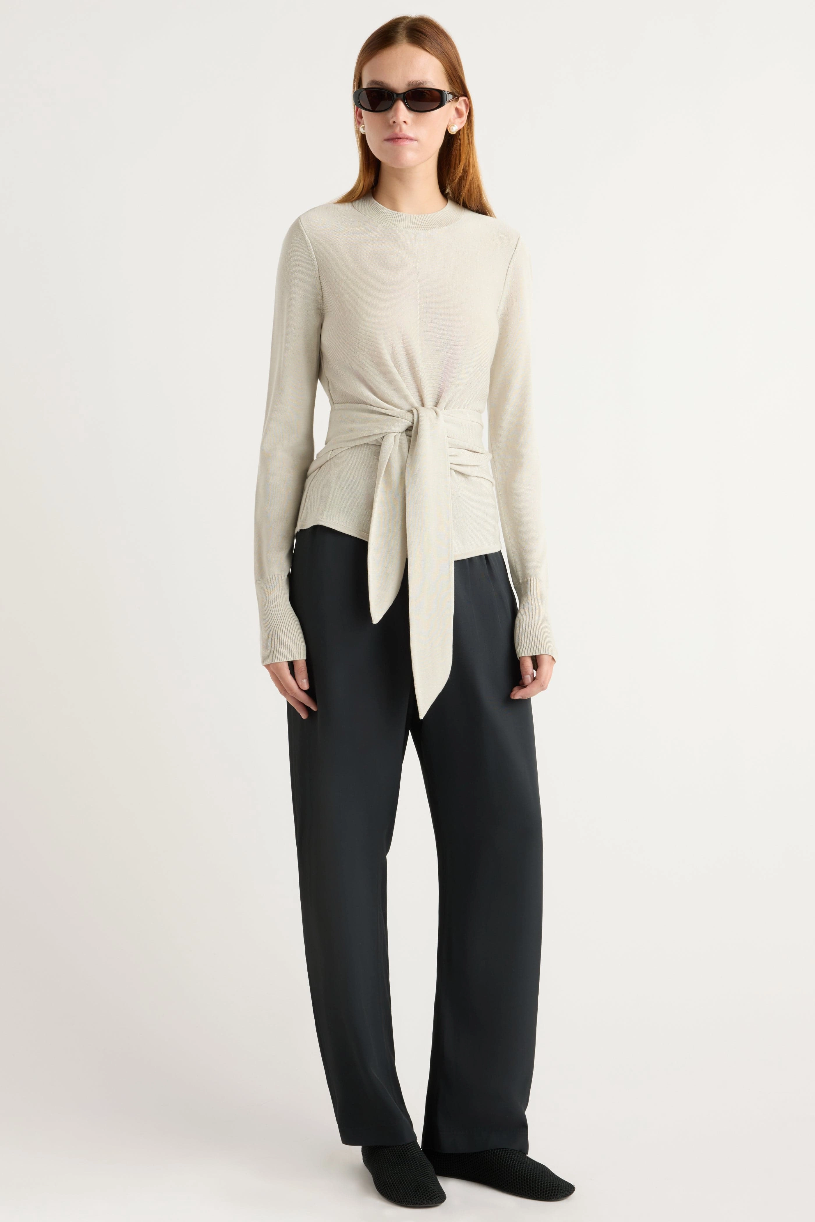 Seasonal Wear Breathable Textured Fabric Robin Tie-Front Tencel-Wool Sweater