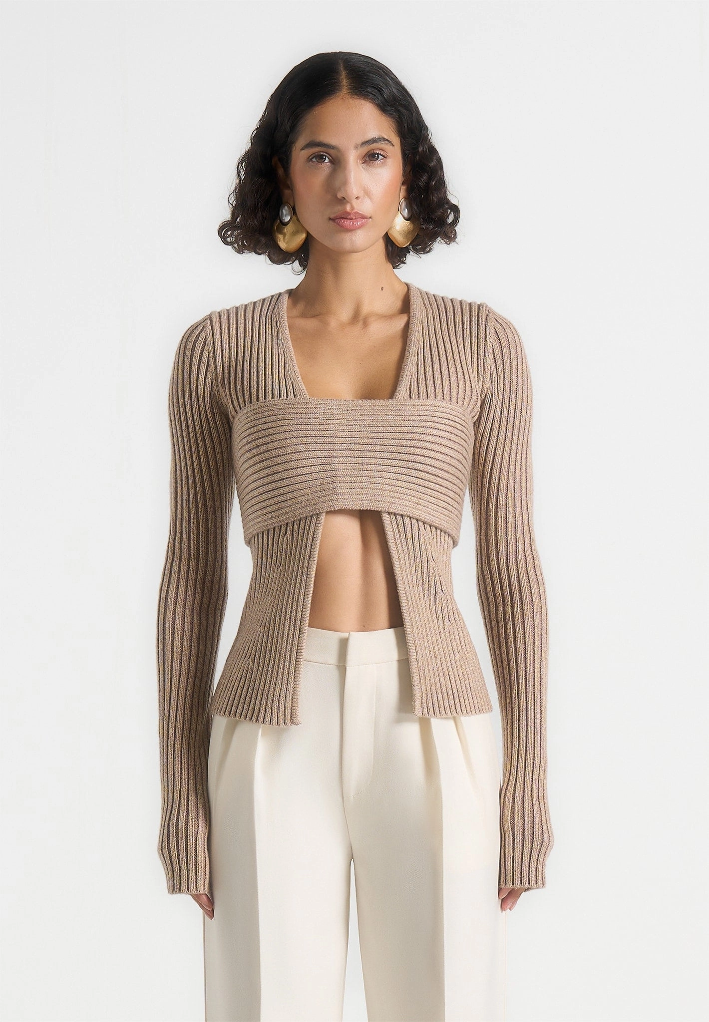 Non Restrictive Cuff Layered Texture Marisa - 2-In-1 Knit Bandeau Cardigan - Beige