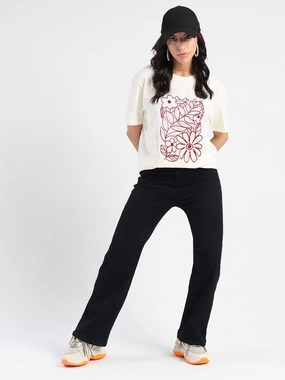 Raw Edge Hem Madame Graphic Flock Print Off-White Sinker T-shirt