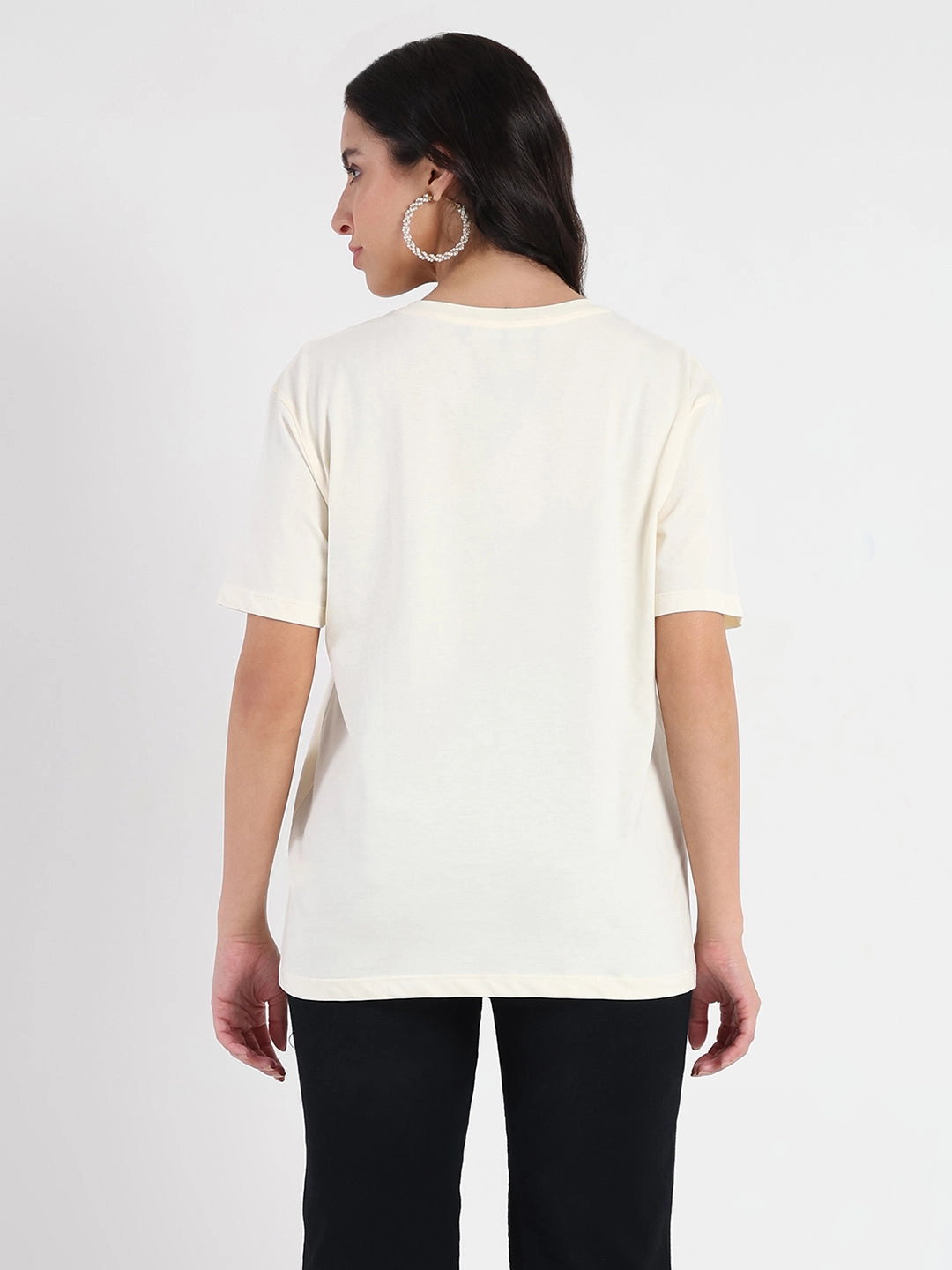 Ribbed collar Casual Chic Madame Graphic Flock Print Off-White Sinker T-shirt
