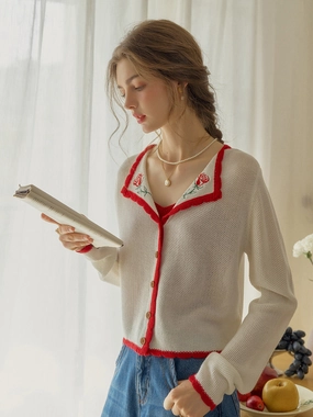 Rosemary V-Neck Embroidered Wool Cardigan HighDensity Weave Everyday Pair