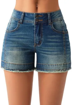 roswear Womens High Waisted Stretchy Frayed Hem Summer Denim Jean Shorts