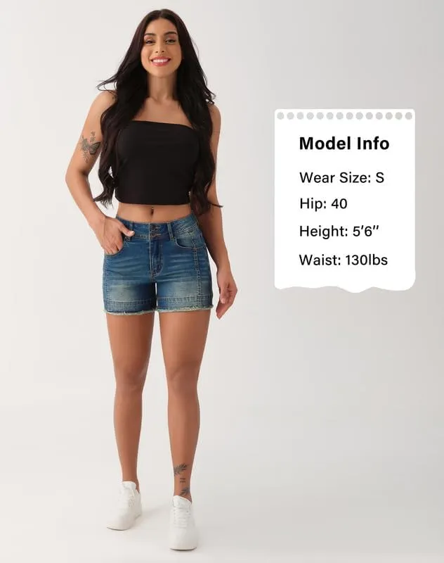 roswear Womens High Waisted Stretchy Frayed Hem Summer Denim Jean Shorts