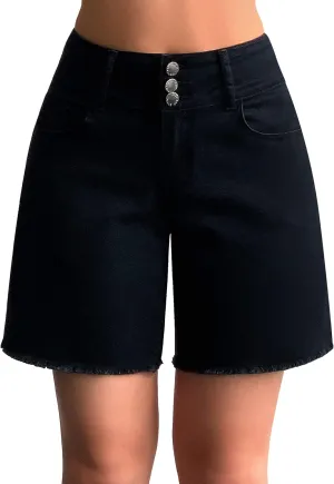 roswear Women's Stretchy Wide Leg High Waisted Frayed Hem Long Jean Shorts