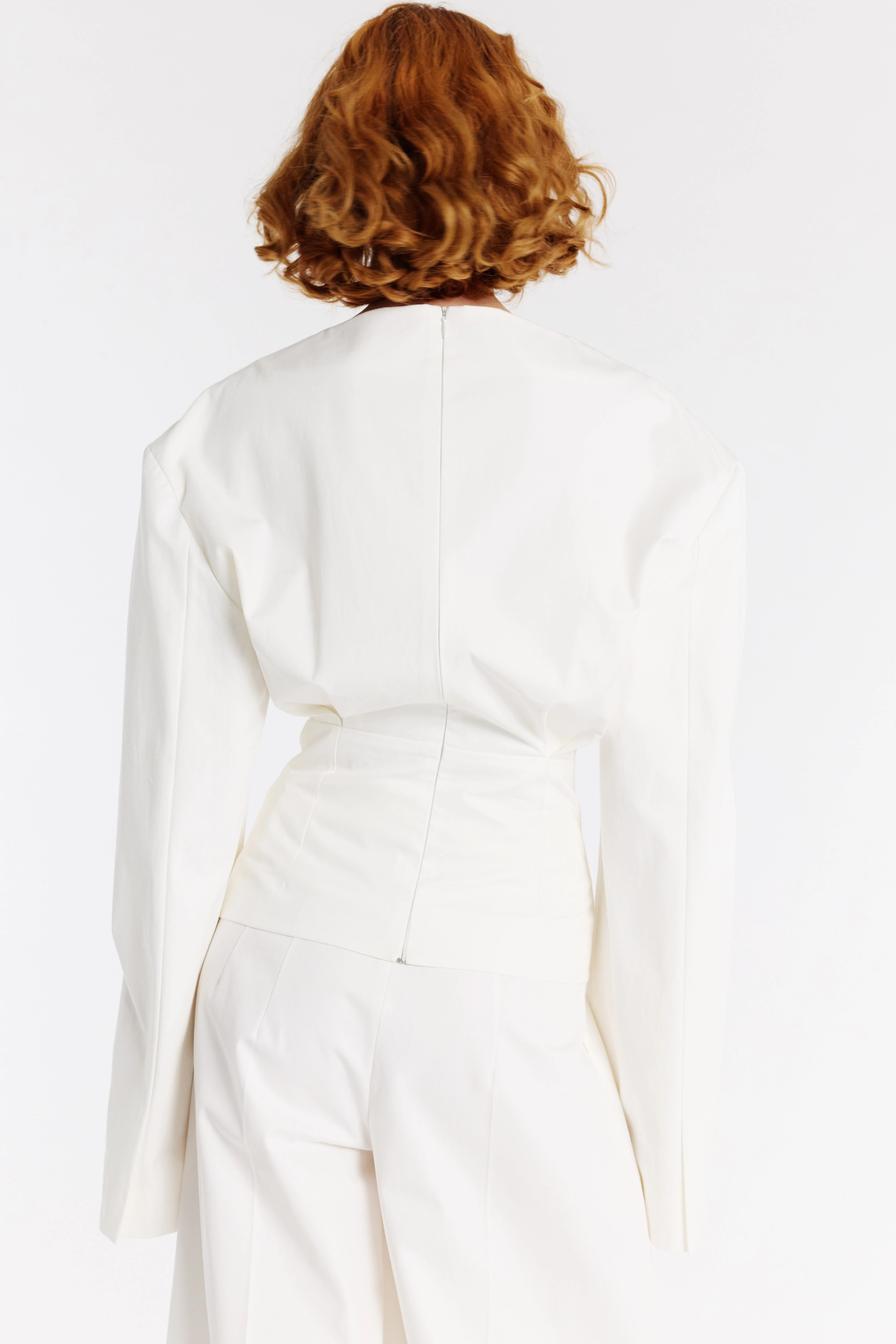 Taped Neckline Round Neck Tailored Top White