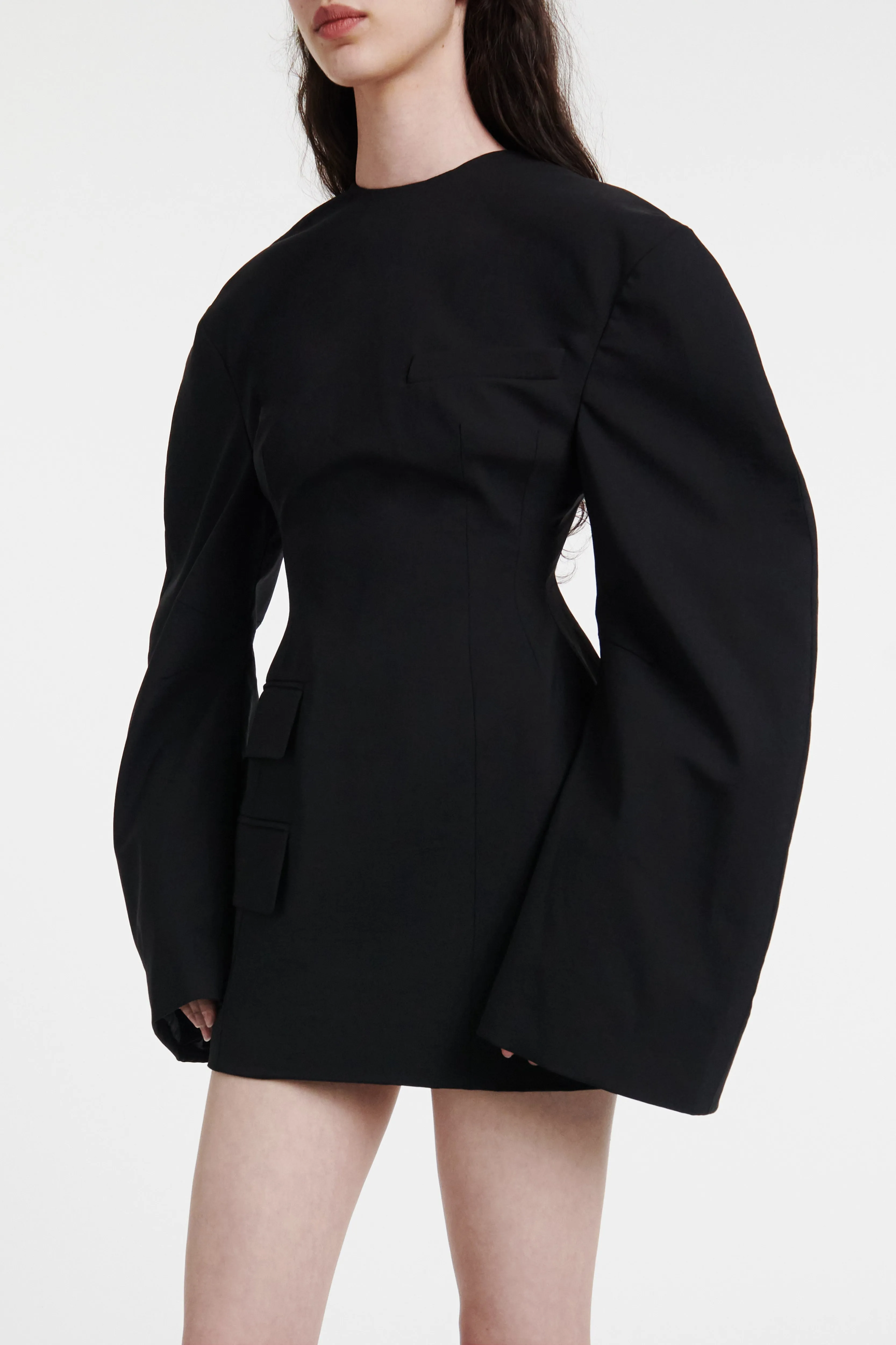 Lace Soft Walkable Flow Rounded Sleeve Tailored Mini Dress Black