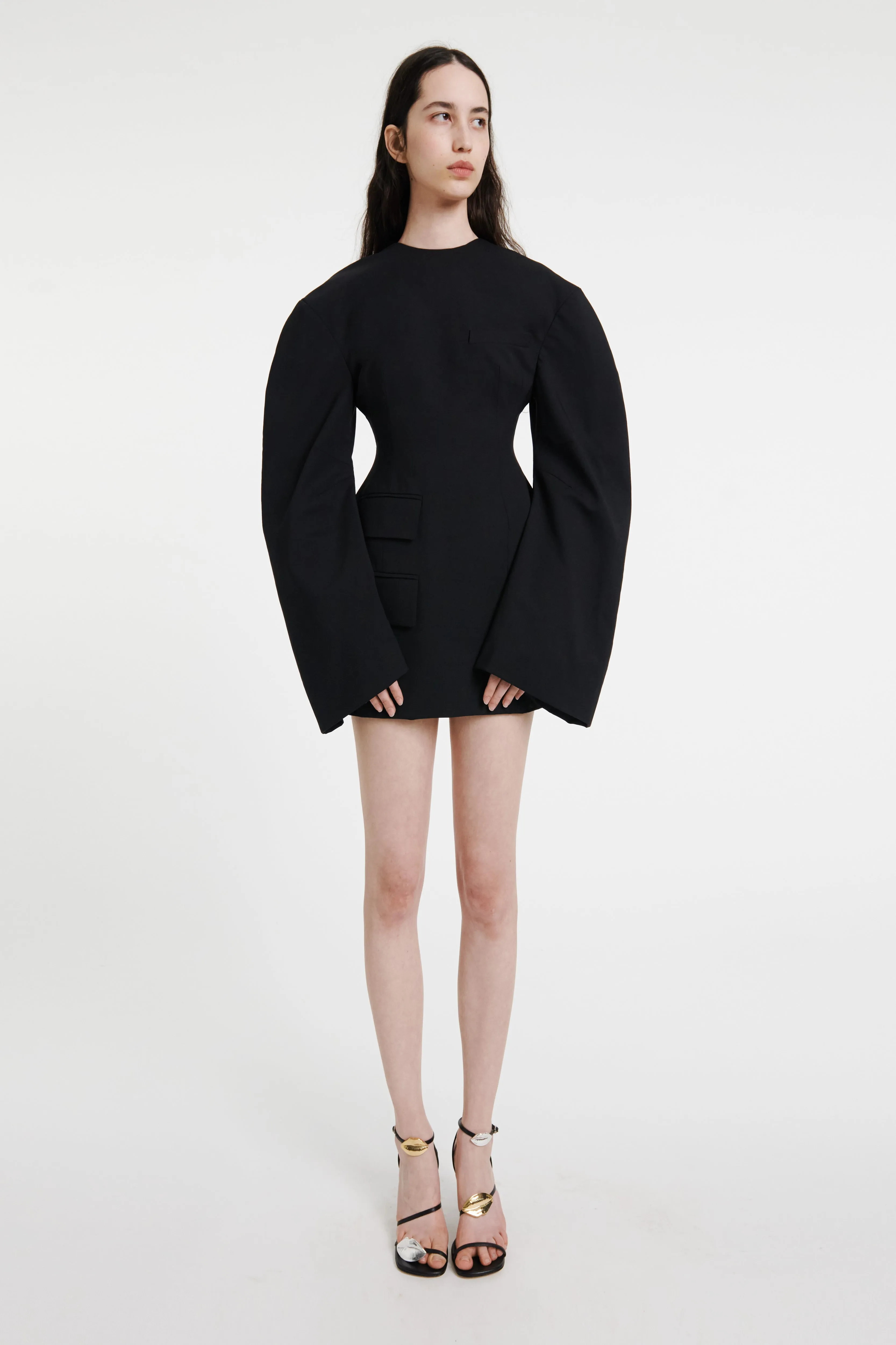 Rounded Sleeve Tailored Mini Dress Black High Neck Chill Base