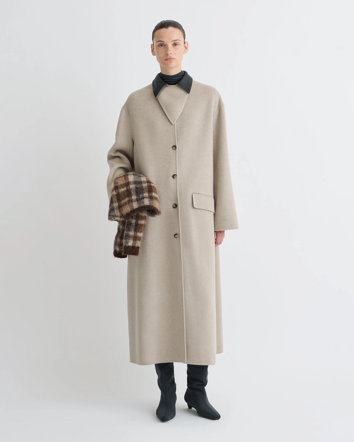 Minimalist Style Trendy Rowina - Double Wool/Regen Leather Coat - Stone/Black