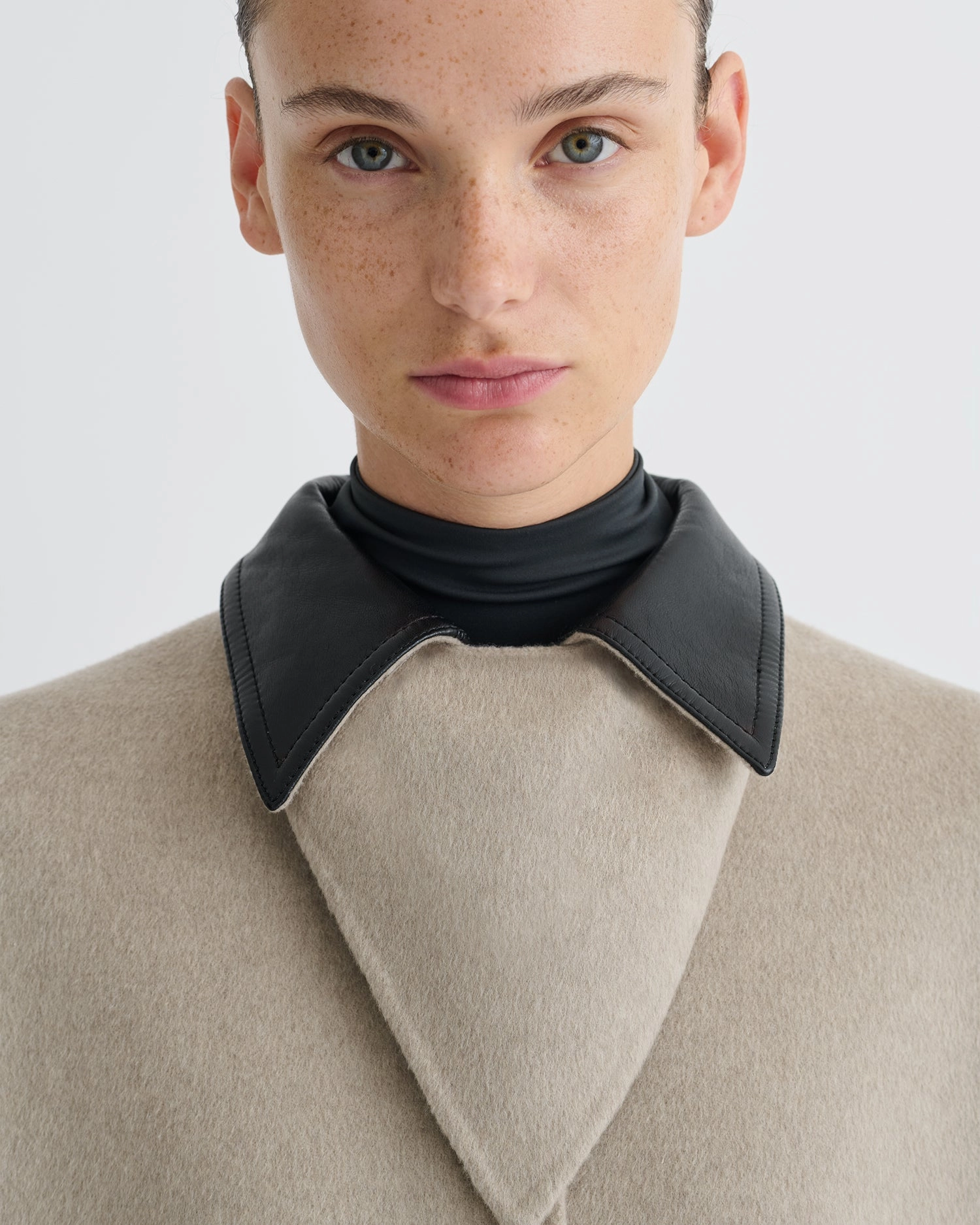 Rowina - Double Wool/Regen Leather Coat - Stone/Black Velour
