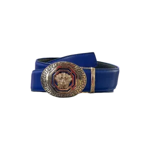 Royal Blue Men's Leathers Belt Gold Buckle Lion Head Greek Key