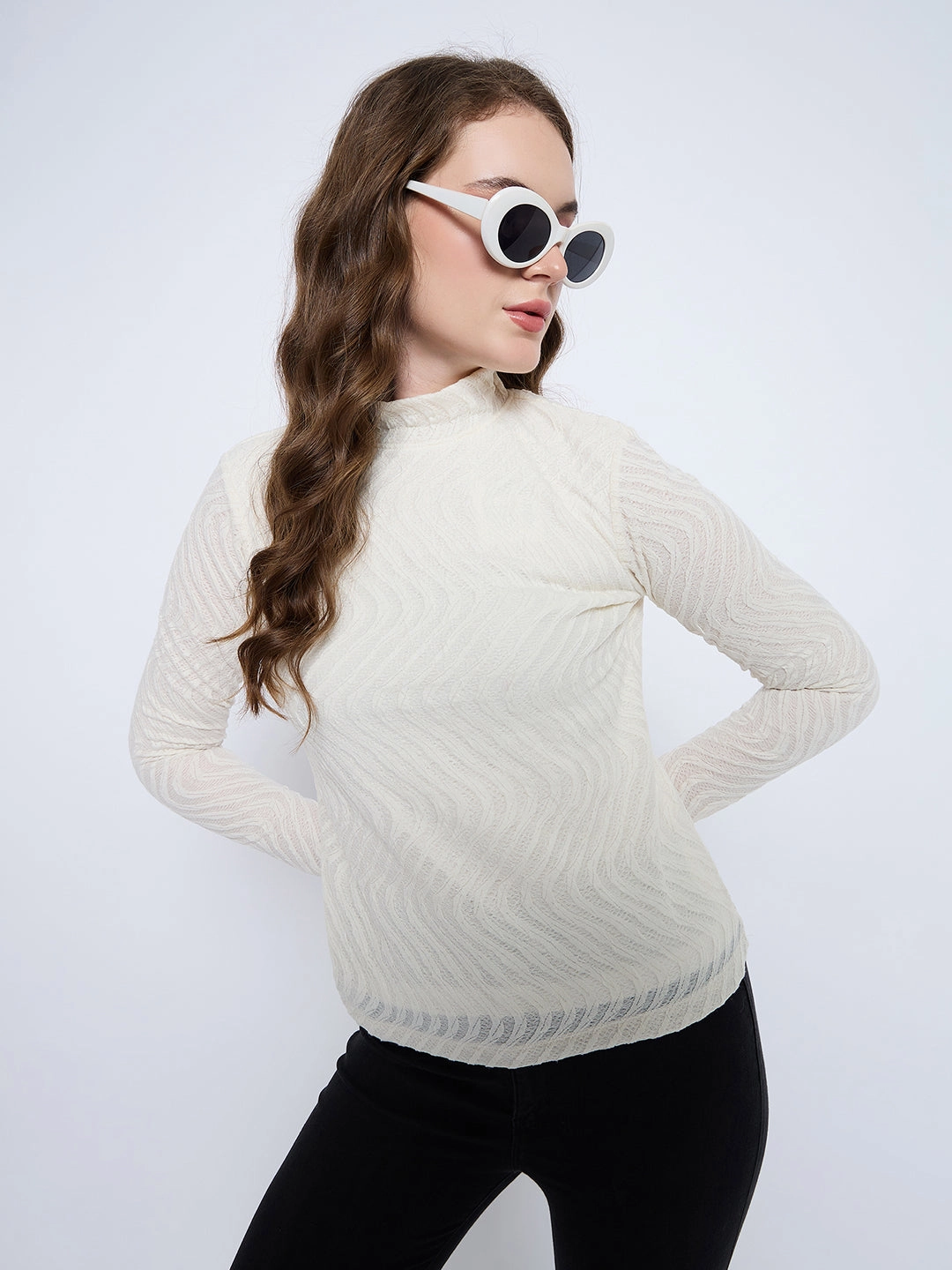 Madame Textured Mock Neck Solid Off White Top Relaxed Blouse