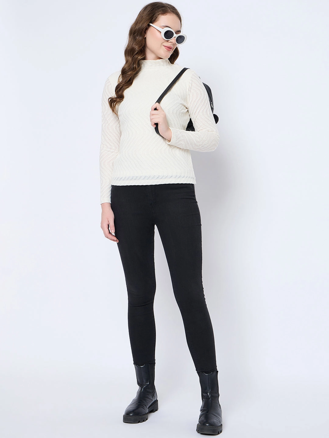 Madame Textured Mock Neck Solid Off White Top OversizedSilhouette Soft Wool