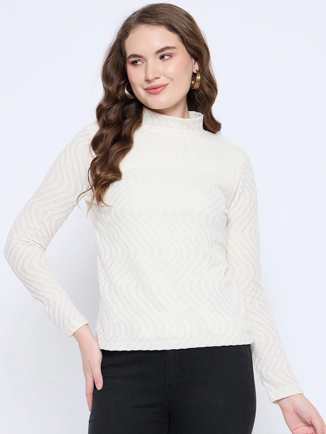 Madame Textured Mock Neck Solid Off White Top Winter Hoodie Quick Access Pockets