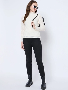 Madame Textured Mock Neck Solid Off White Top OversizedSilhouette Soft Wool