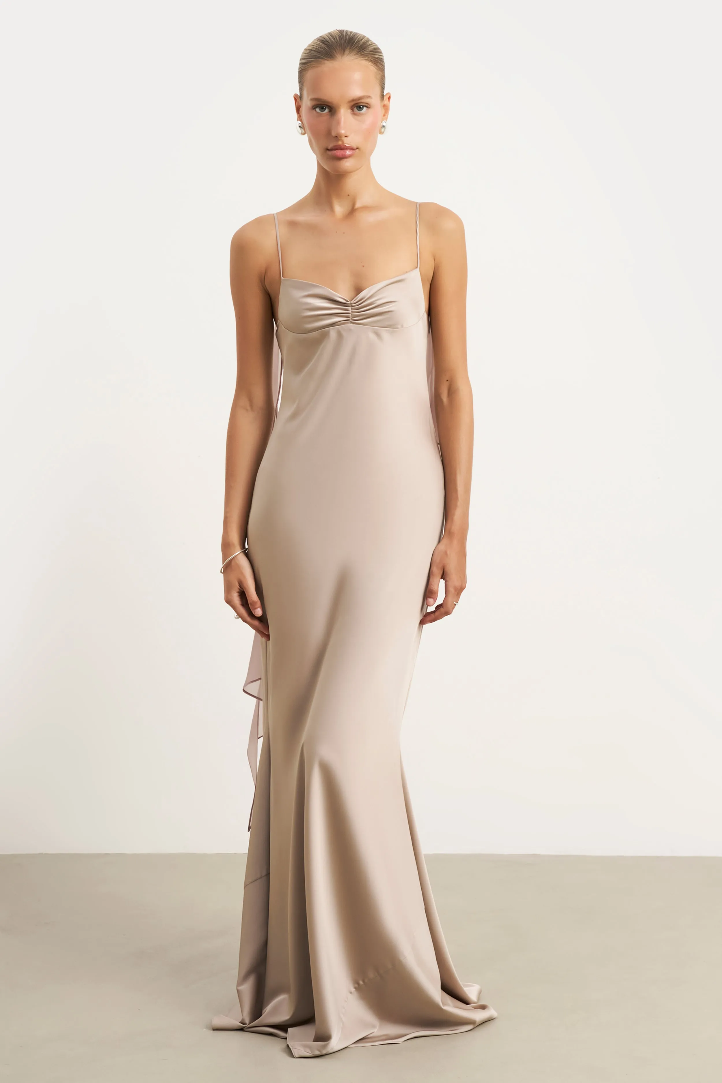 Ruched Bust Satin Slip Dress - Taupe Casual Look Lightweight warm-weather dress