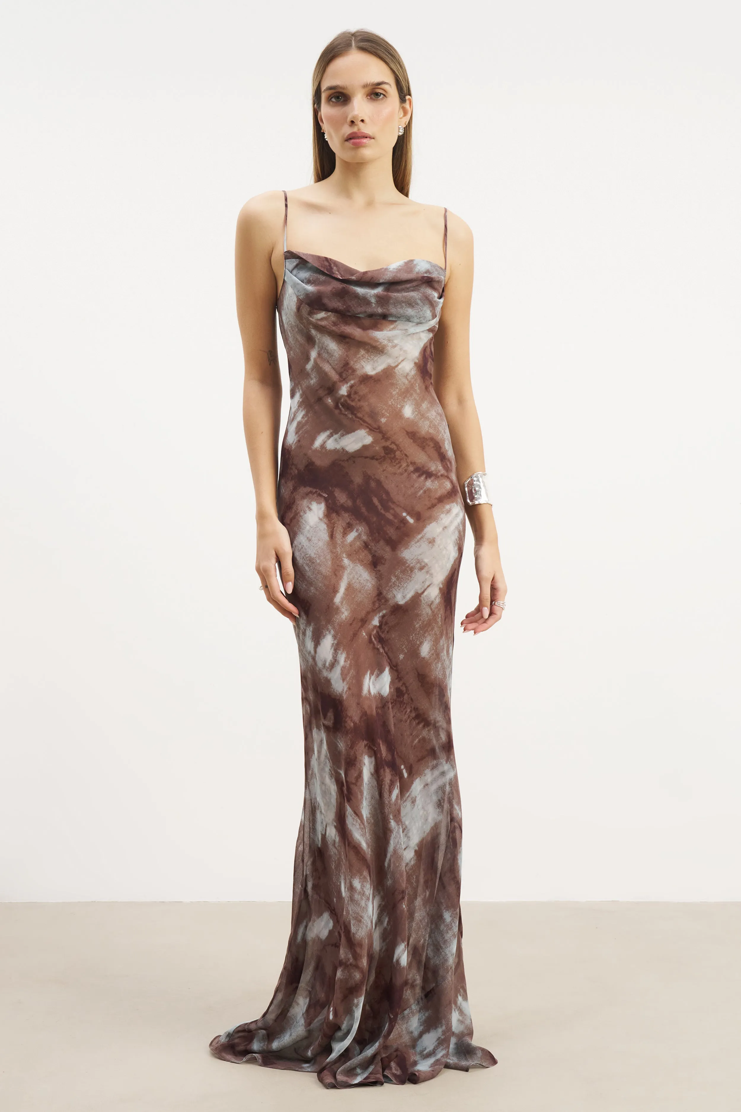 Ruched Chiffon Maxi Dress - Blue Marble slim fit
