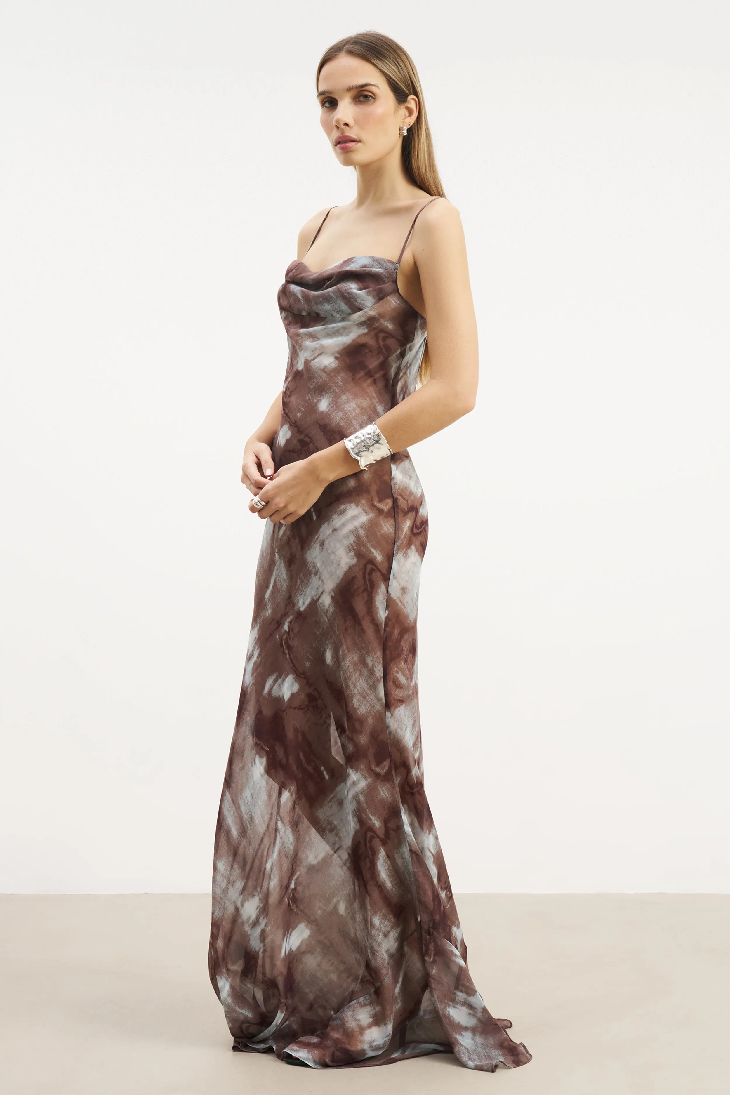 Ruched Chiffon Maxi Dress - Blue Marble Perfect Shape Shade Soft