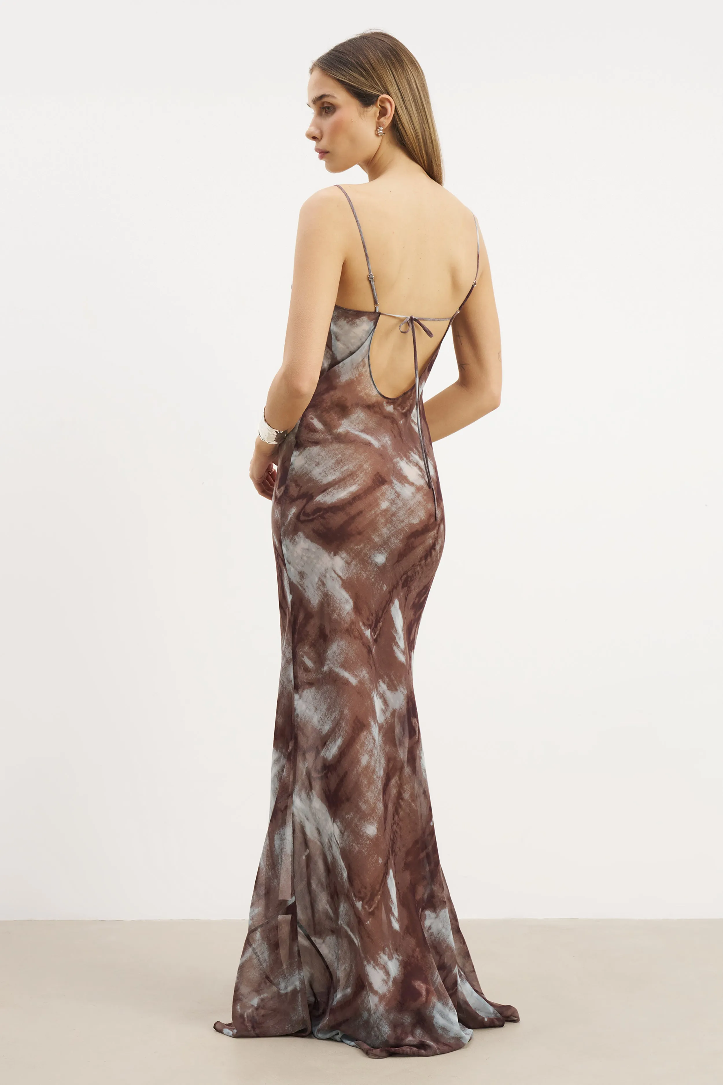 Daily Wear Ruched Chiffon Maxi Dress - Blue Marble