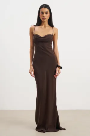 Airy Drape Ruched Chiffon Maxi Dress - Carob