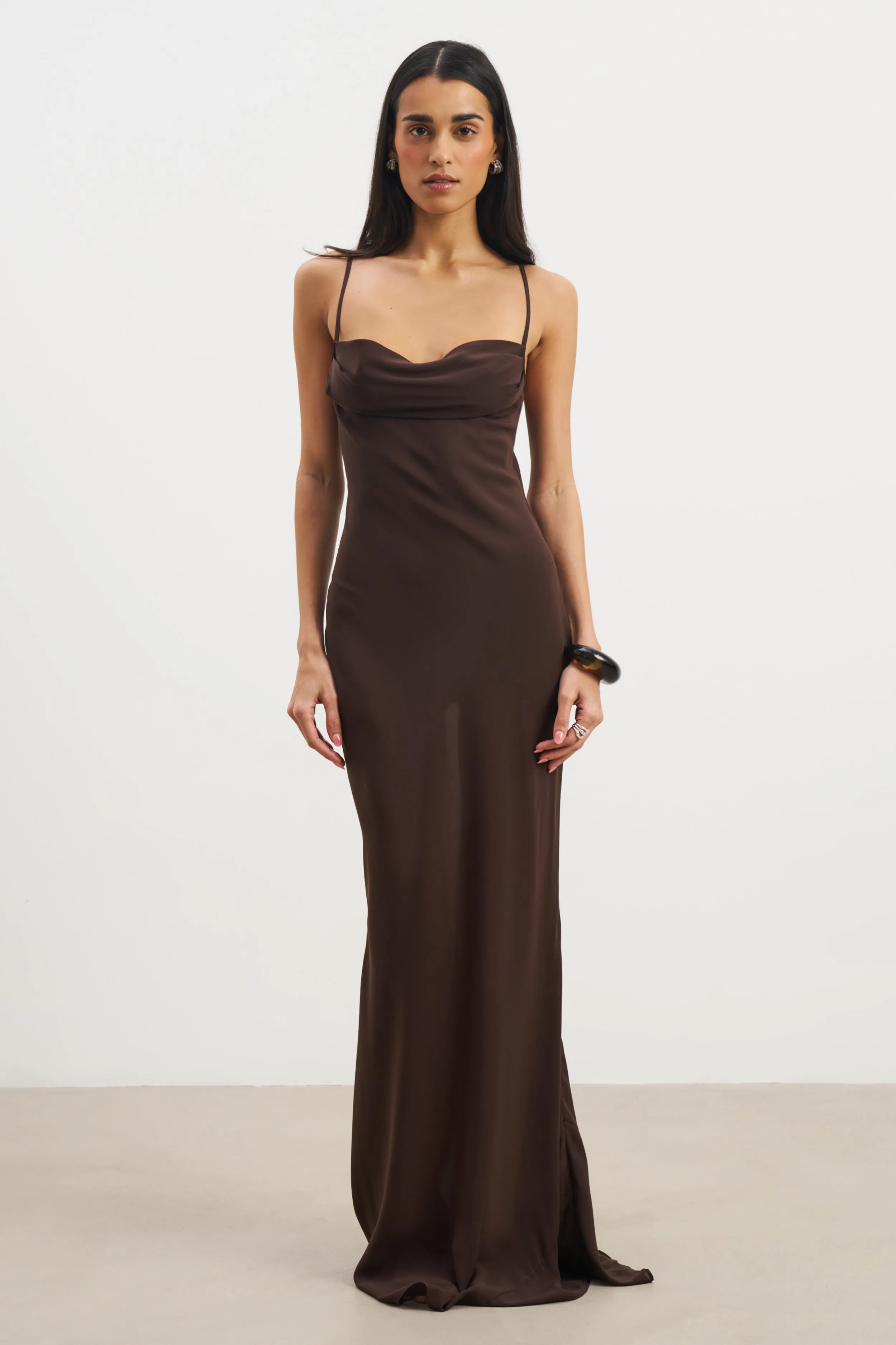 Airy Drape Ruched Chiffon Maxi Dress - Carob