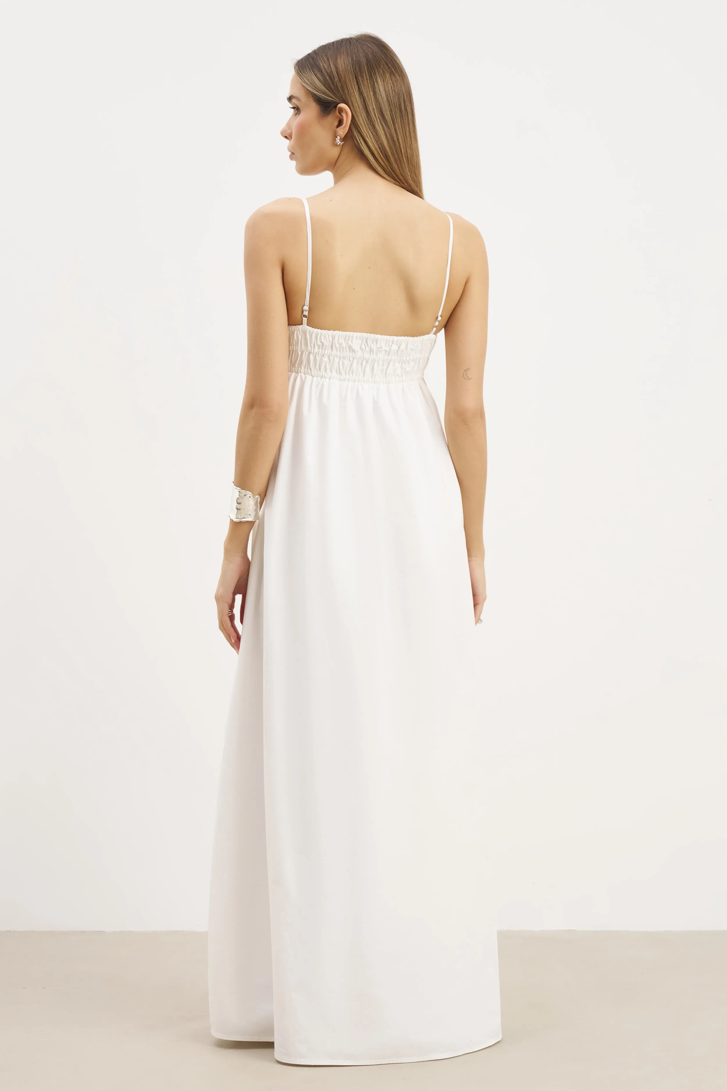 Playful Cut Ruched Cotton Maxi Dress - White