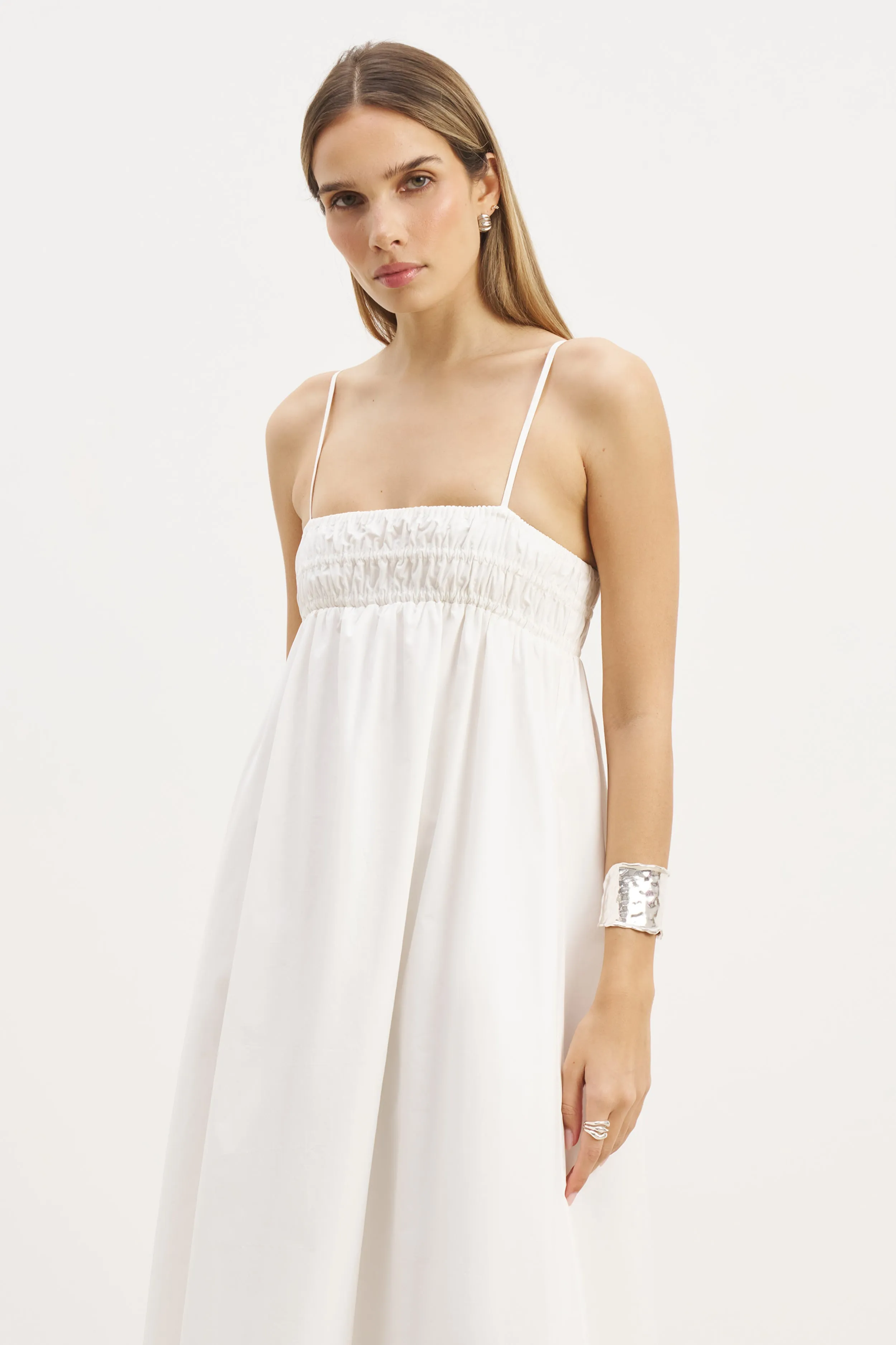 Lux Look Casual Comfort Wear Ruched Cotton Maxi Dress - White