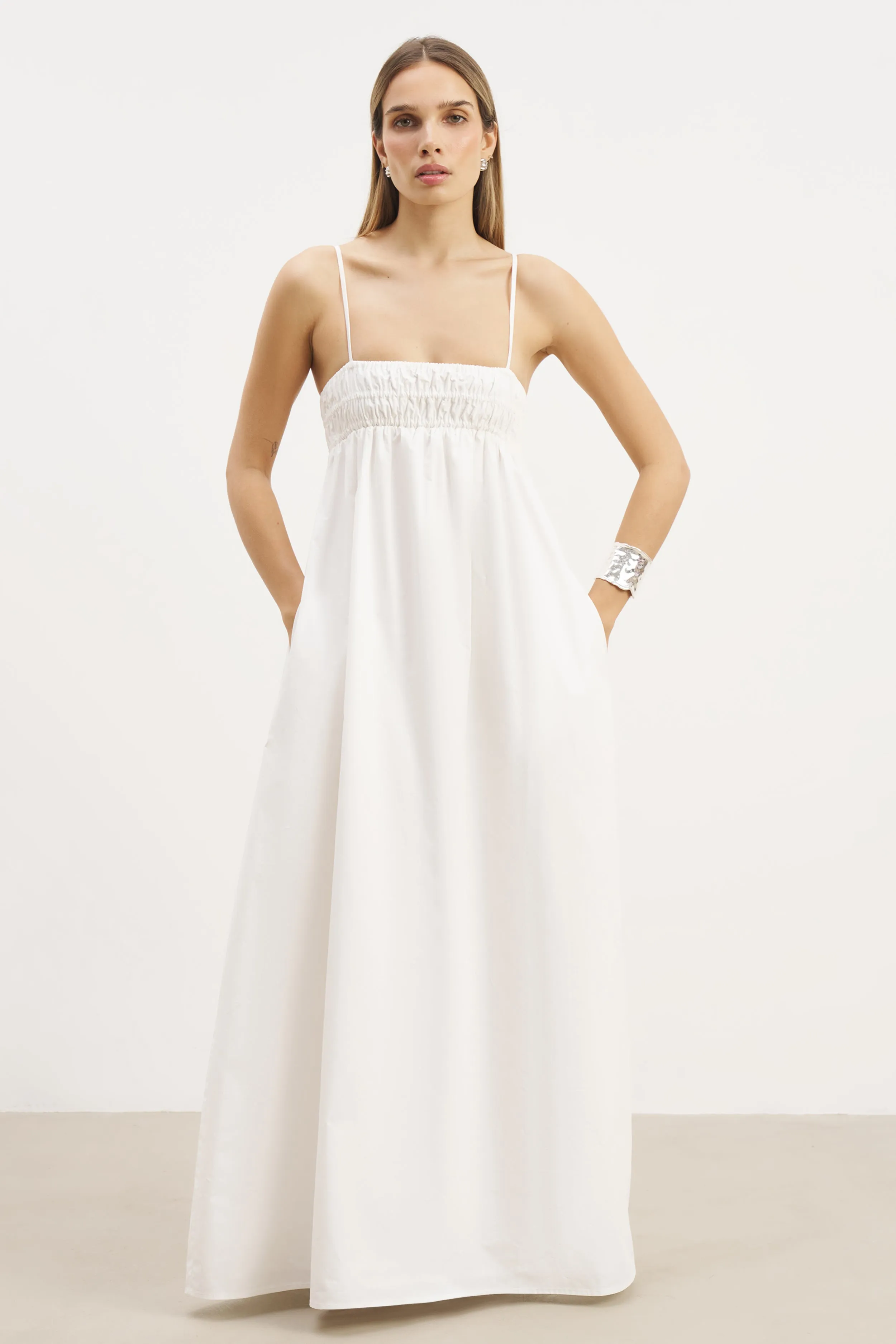 Ruched Cotton Maxi Dress - White Trend Focused Stain-Resistant