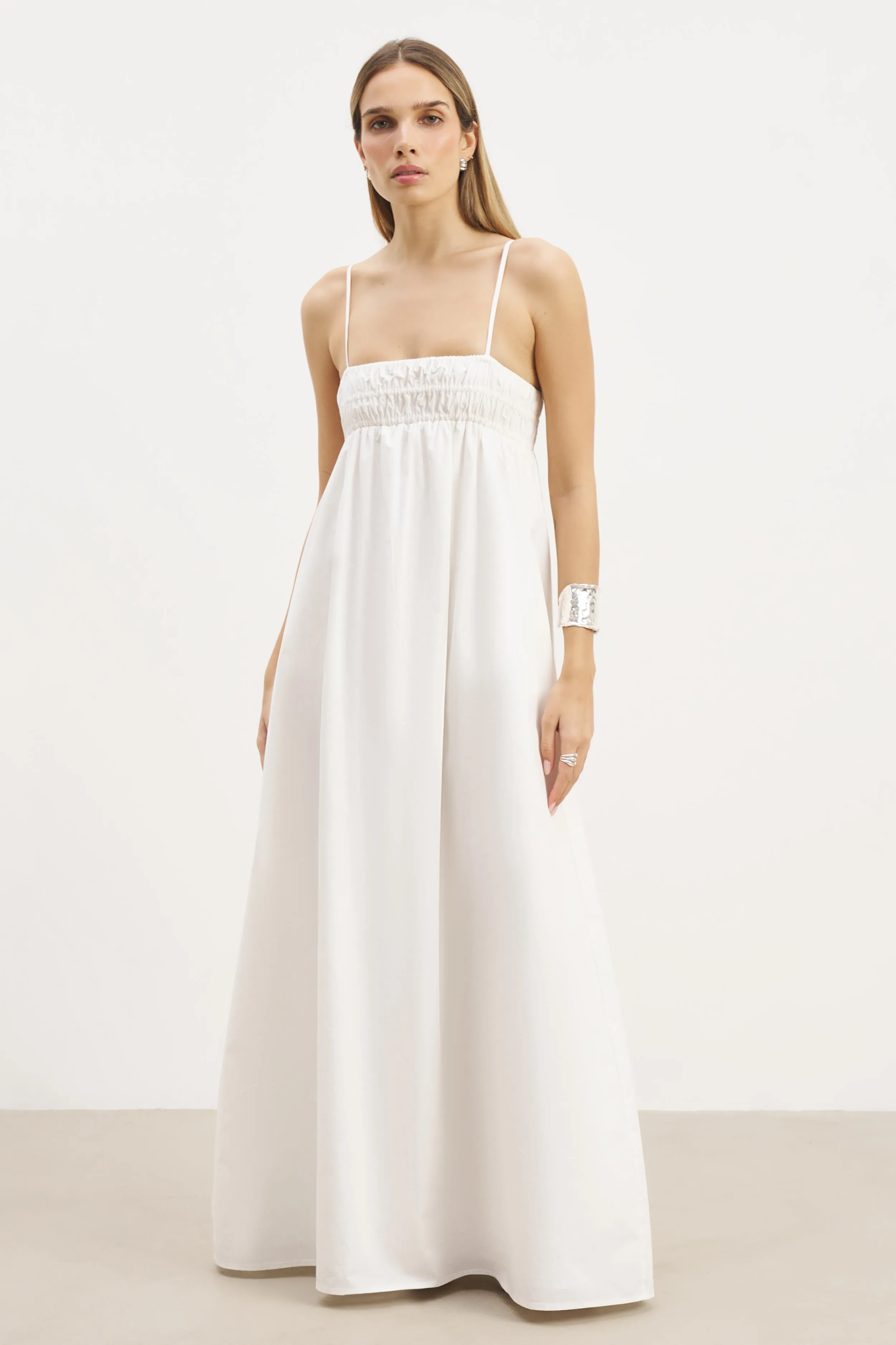 Ruched Cotton Maxi Dress - White Chic Look Bright Colors
