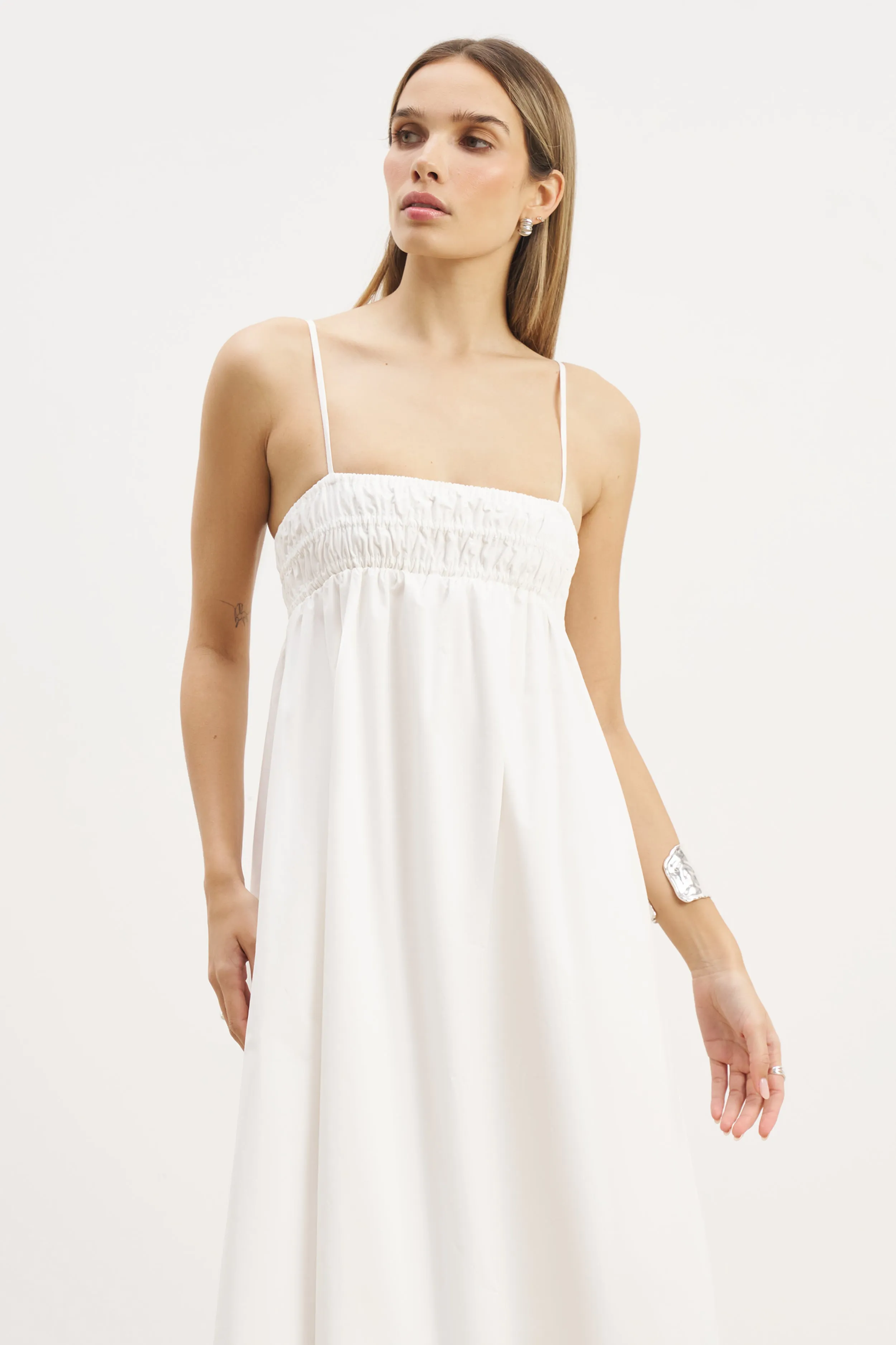 Pleated-Texture Ruched Cotton Maxi Dress - White