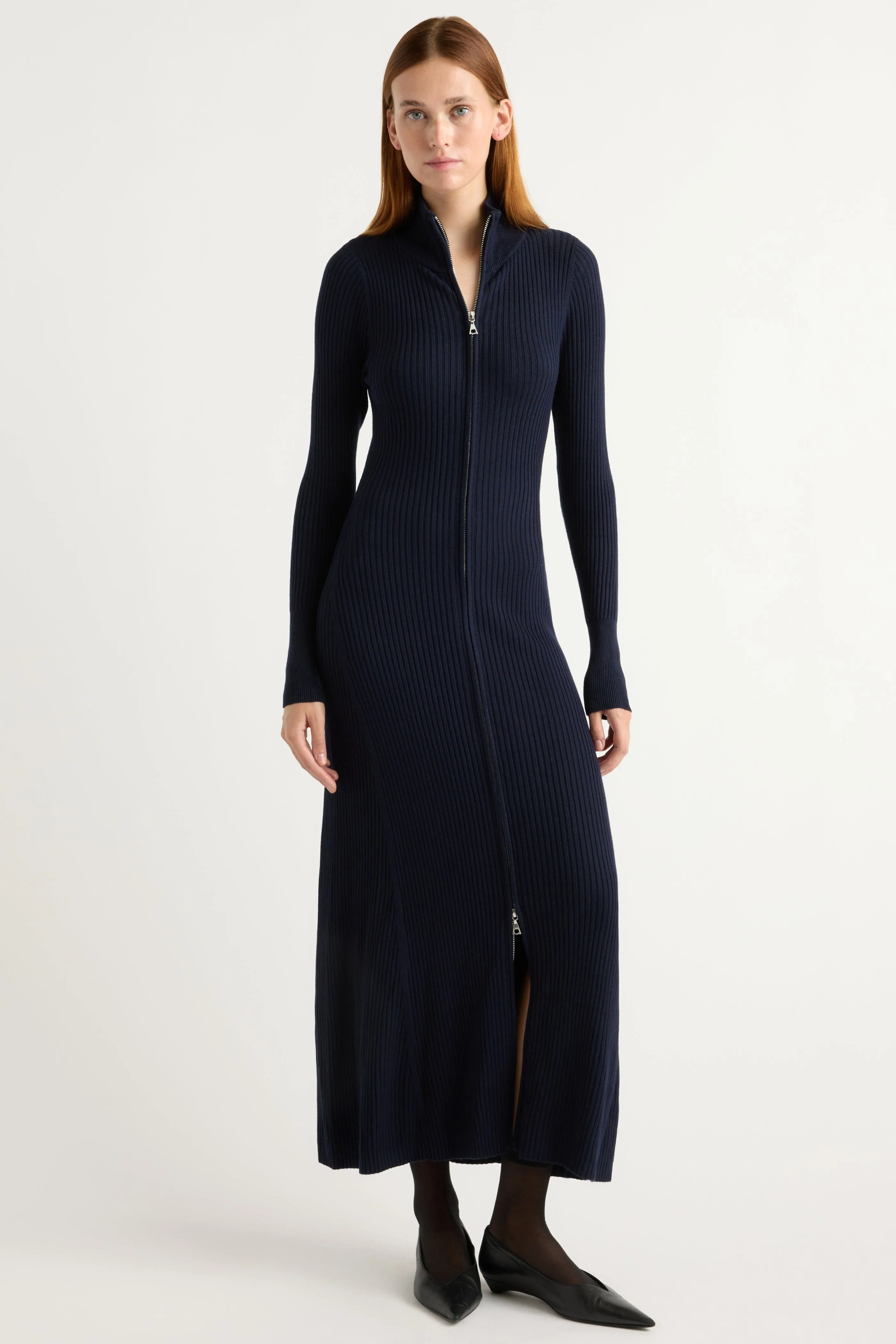 Layering Piece Flattering Silhouette Janne Ribbed Two-Way Zip Sweater Dress