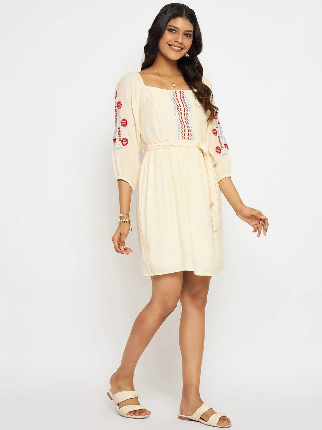 Family Glow Sophisticated Look Madame Embroidered Ivory Belted Mini Dress