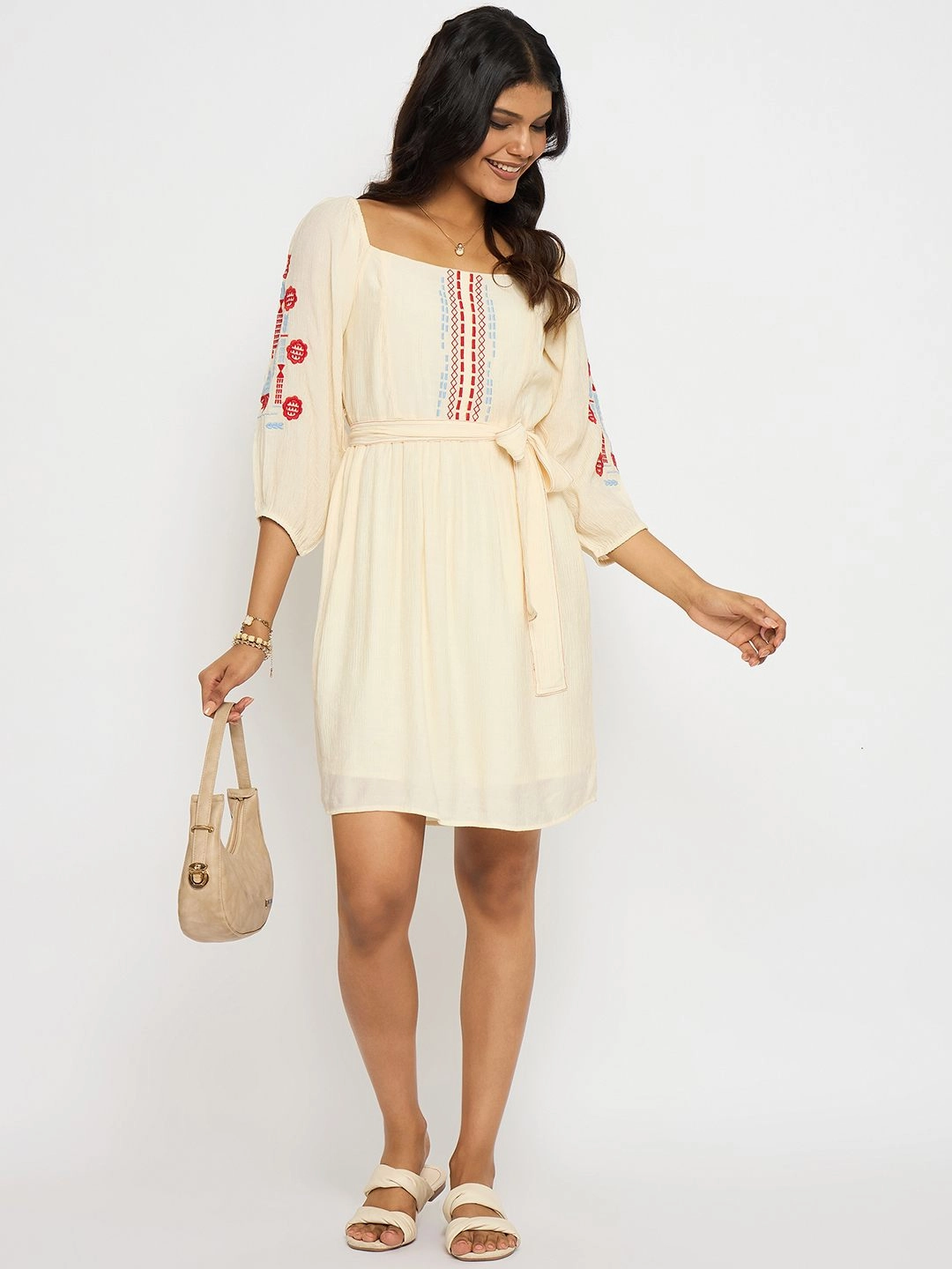 Madame Embroidered Ivory Belted Mini Dress Embroidered-Detail Cozy Flex