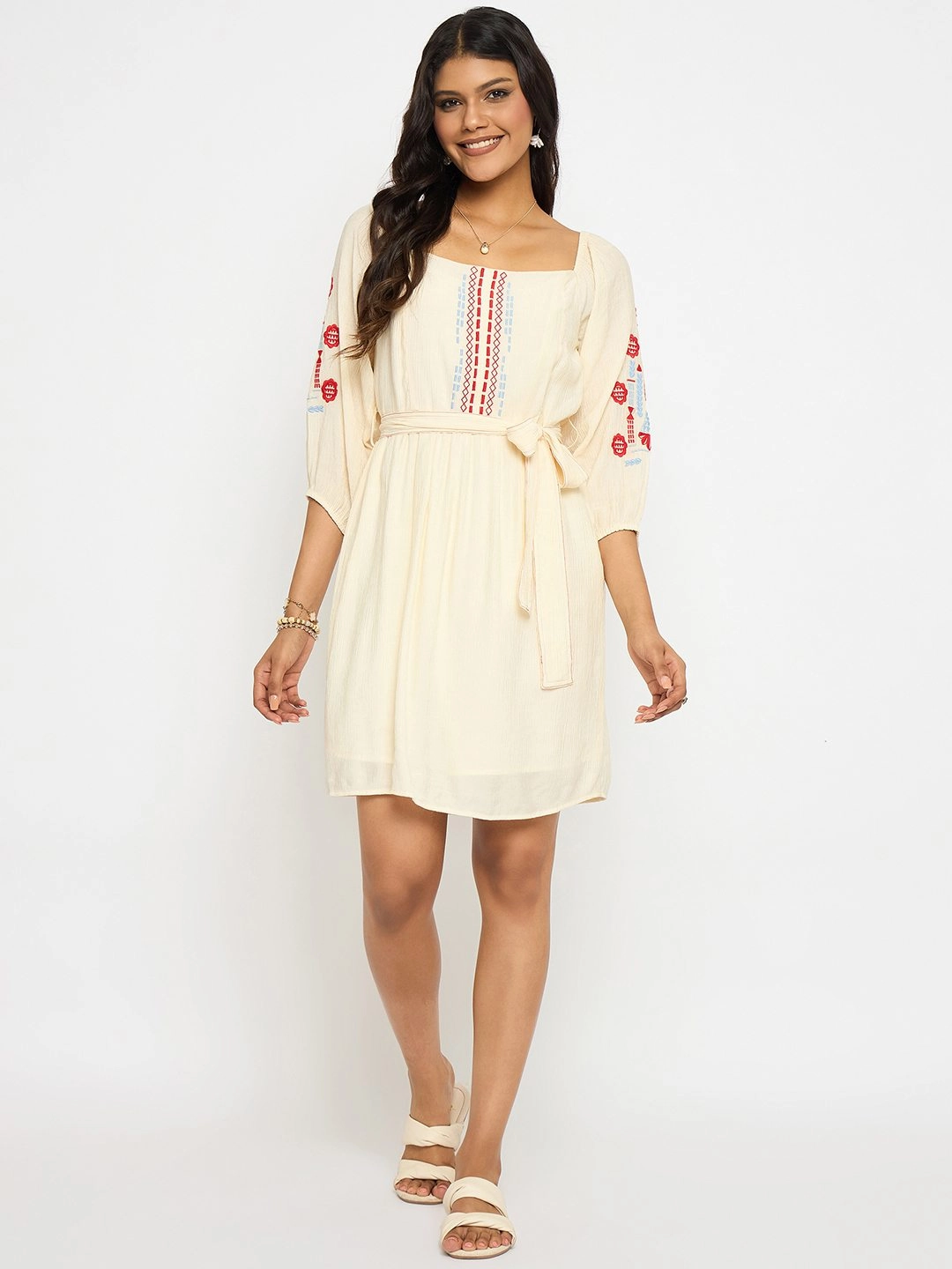 Cool Simplicity Madame Embroidered Ivory Belted Mini Dress