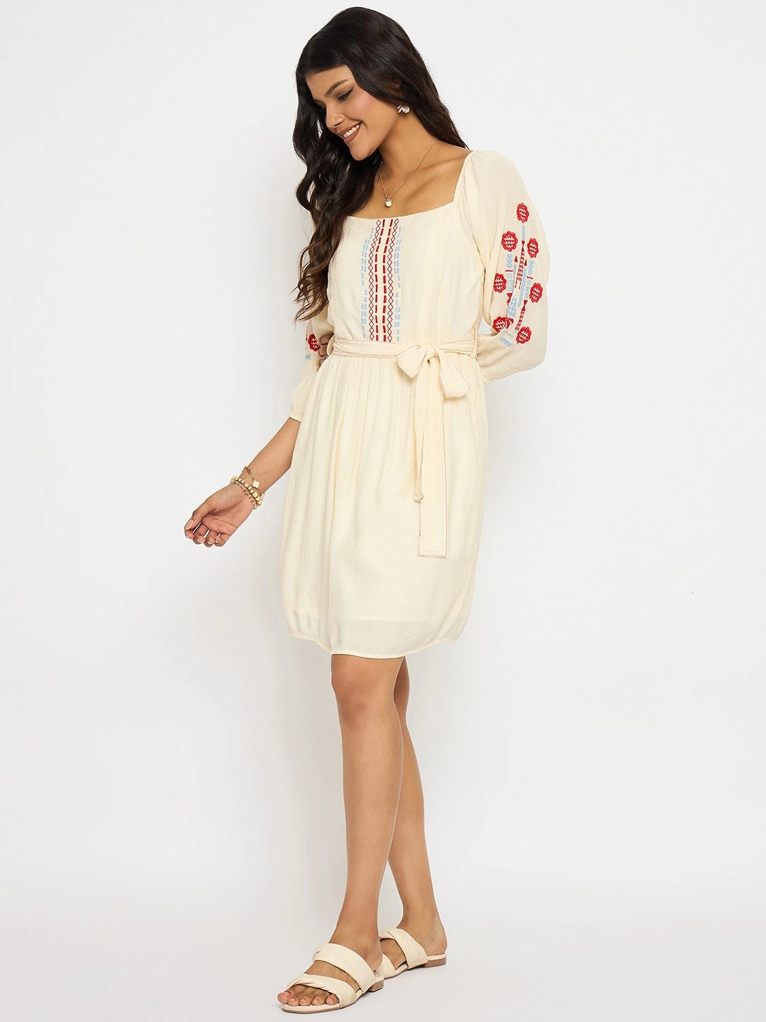 Madame Embroidered Ivory Belted Mini Dress Calm Energy