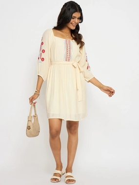 Madame Embroidered Ivory Belted Mini Dress Embroidered-Detail Cozy Flex